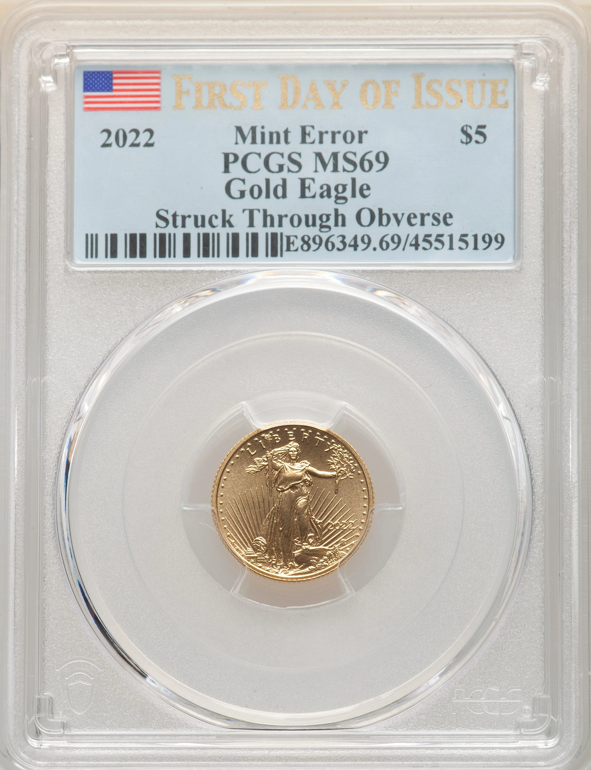 2022 NGC MS-69 Mint Error Reverse Struck Thru Gold Eagle Coin