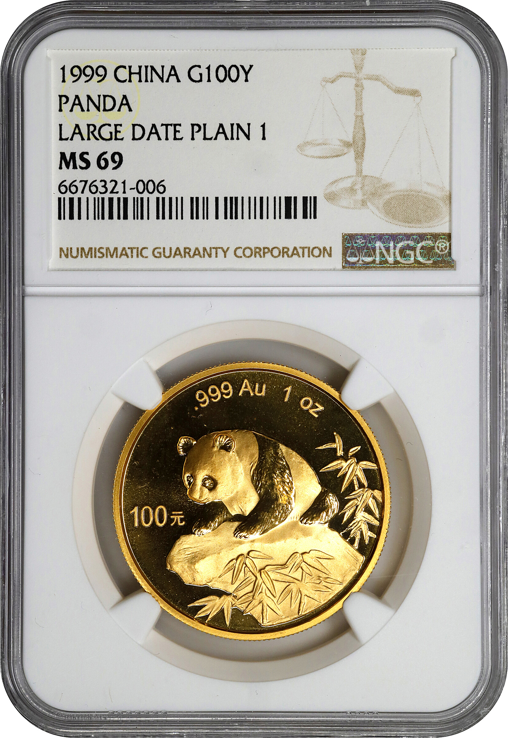 1999 G100Y 1oz Gold, Panda, Large Date MS (PAN316B) MS69 thumbnail 11