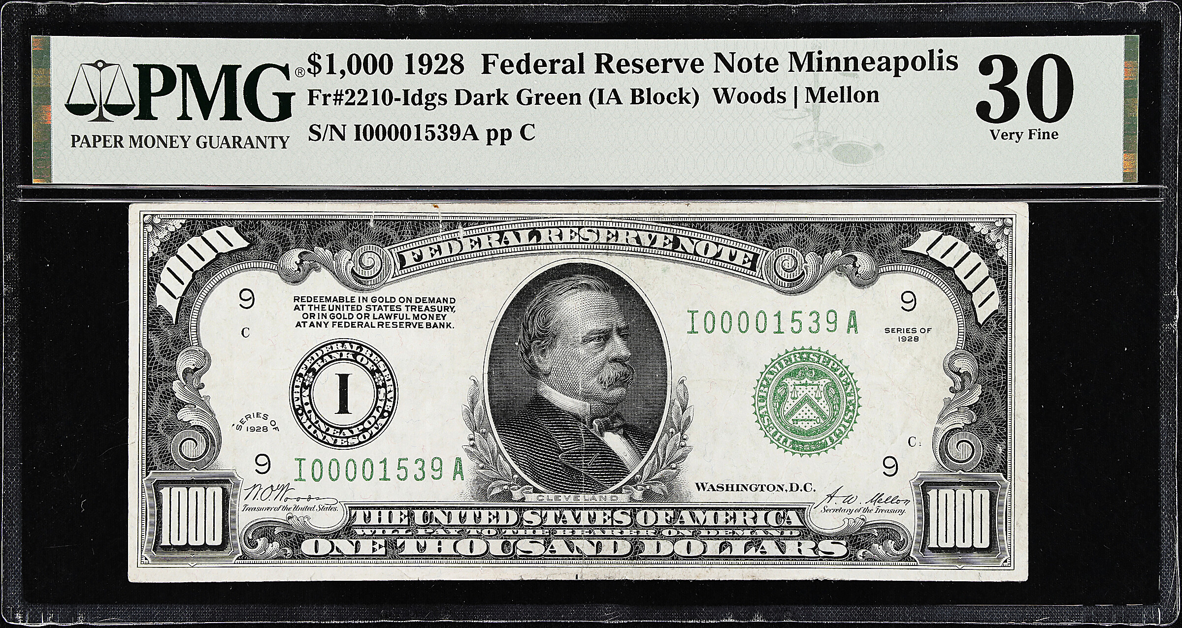 Fr. 2210-Idgs. 1928 Dark Green Seal $1000 Federal Reserve Note. Minneapolis. PMG Very Fine 30.