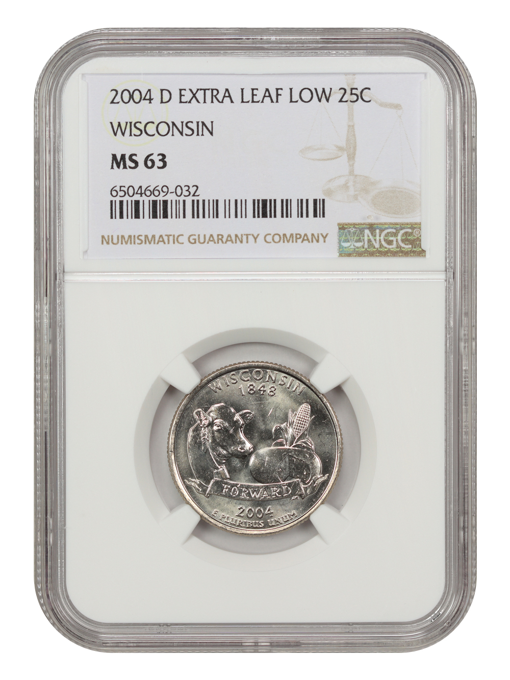 2004-D 25c Wisconsin, Extra Leaf Low MS63 thumbnail 5