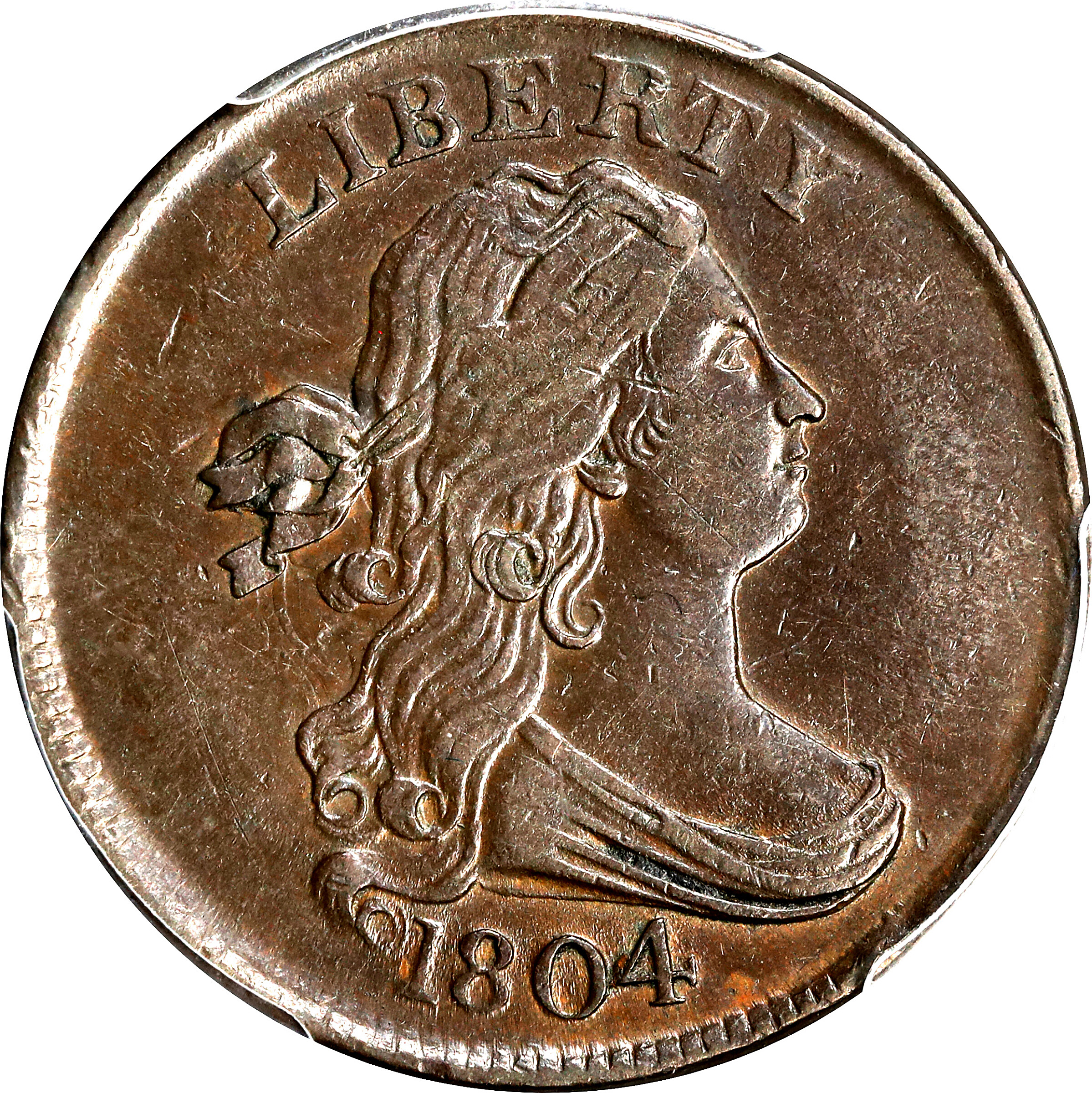 1804 Draped Bust Half Cent. C-12. Crosslet 4, Stemless Wreath. AU-55 (PCGS).