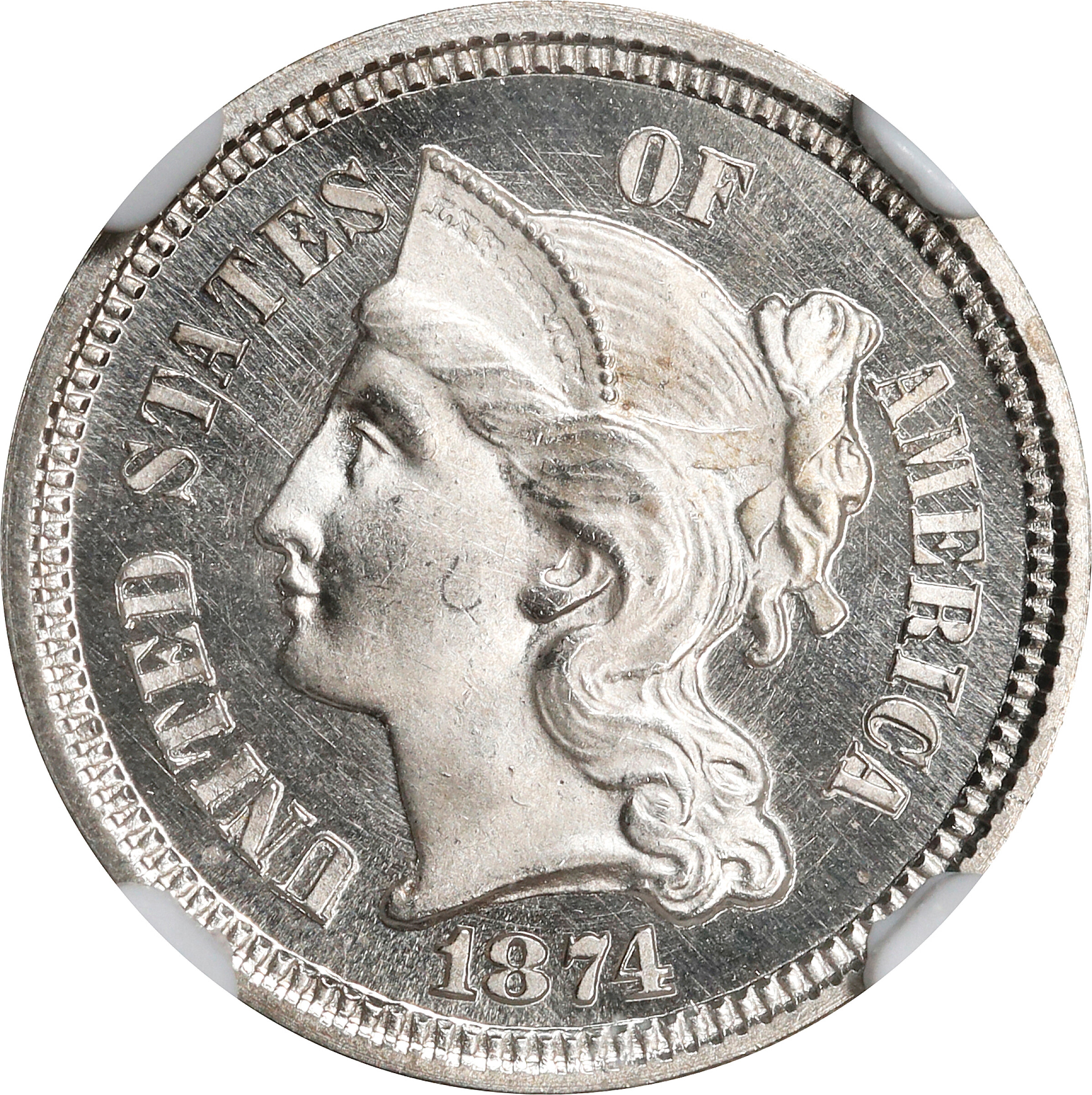 1874 Nickel Three-Cent Piece. Proof-66 Cameo (NGC). CAC.