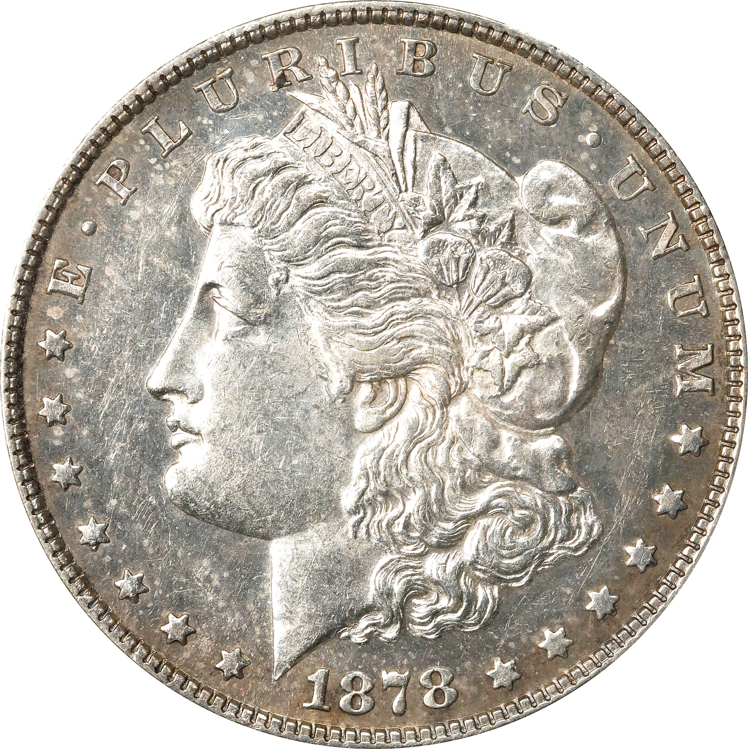 1878 Morgan Silver Dollar. 8 Tailfeathers. VAM-14.8. Spiked Eye. AU-58 (PCGS).
