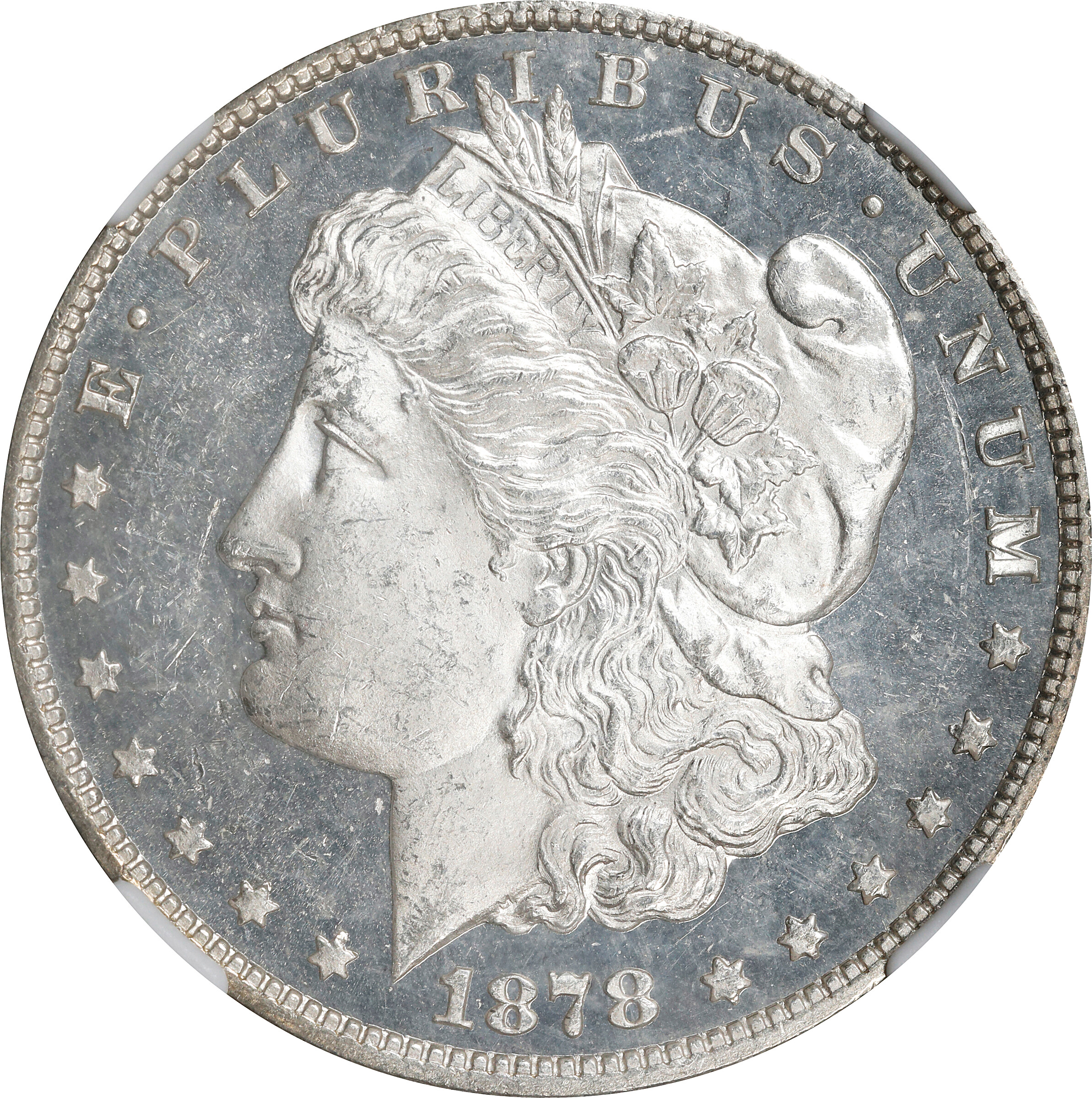 1878 Morgan Silver Dollar. 7/8 Tailfeathers. Weak. MS-63 DPL (NGC).