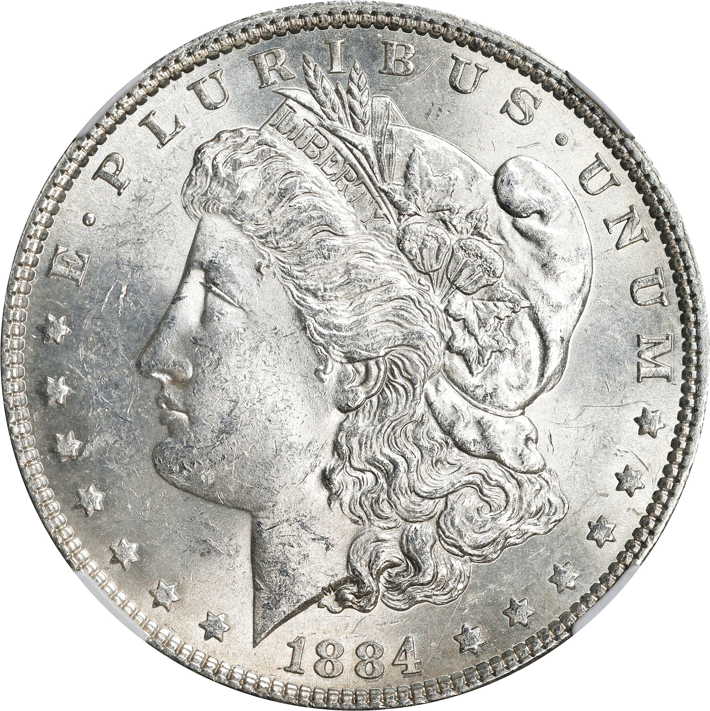 1884 Morgan Silver Dollar. VAM-5. Hot 50 Variety. Doubled Die Obverse, Doubled Ear. MS-61 (NGC).