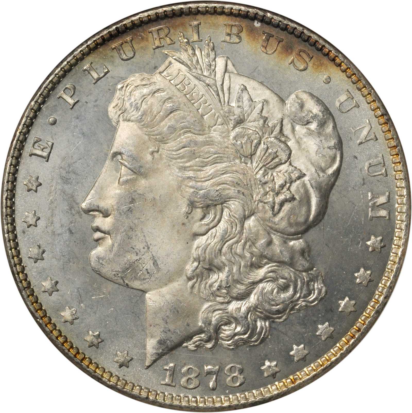 1878 Morgan Silver Dollar. 8 Tailfeathers. VAM-1. Spear Point. MS-63 PL (ANACS). OH.