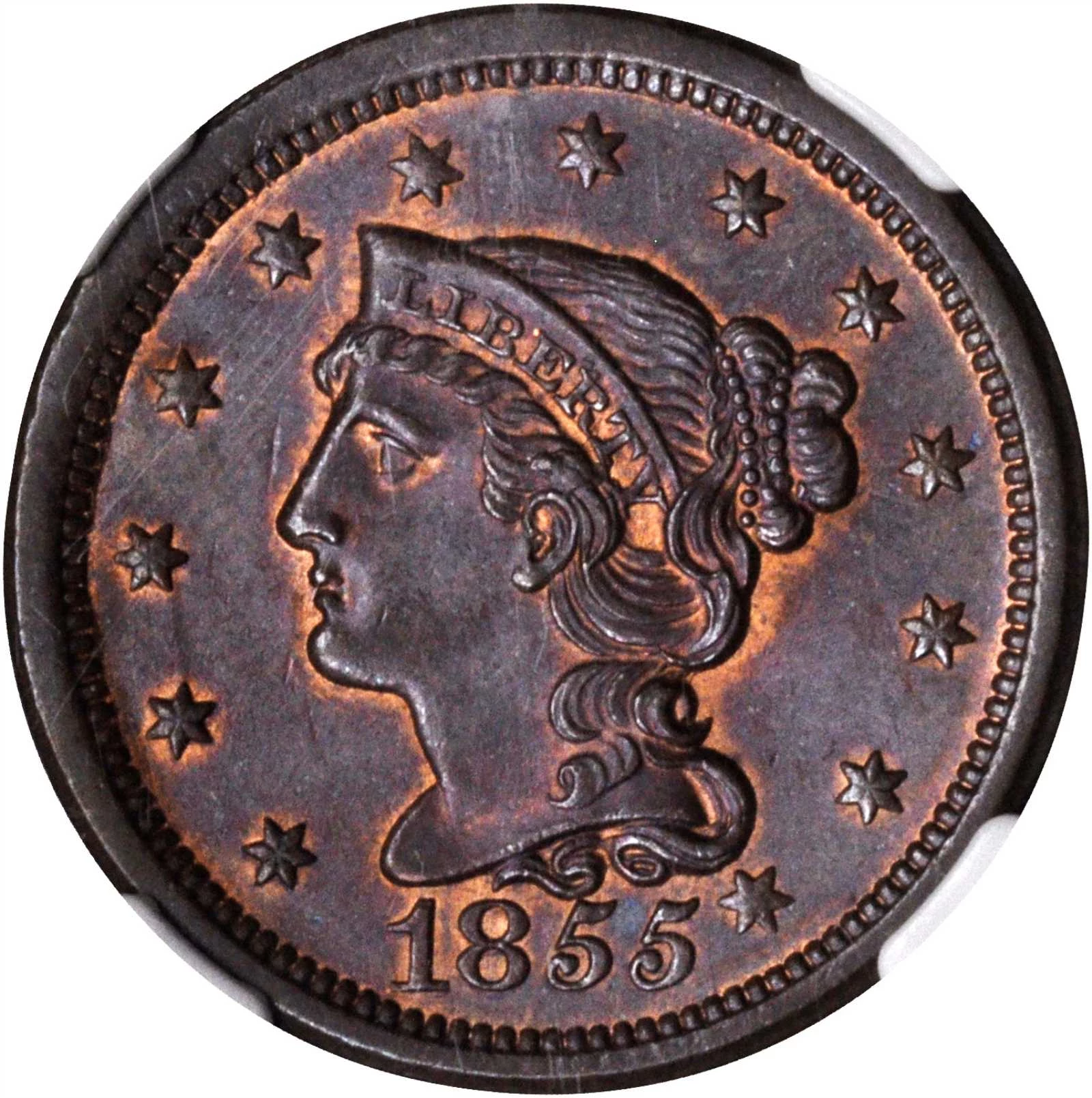 1855 Braided Hair Half Cent Early Copper Half Penny Coin Value Prices,  Photos & Info