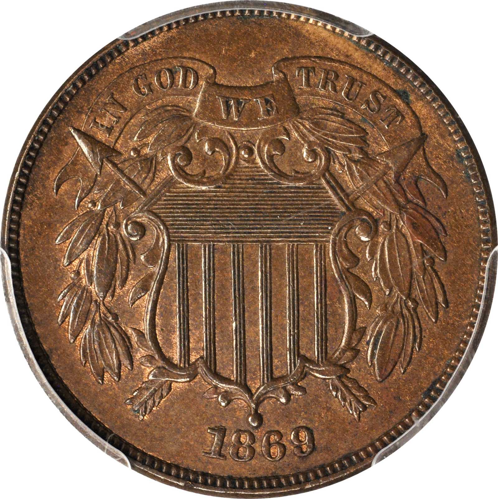 1869 Two-Cent Piece. FS-302. Repunched Date. MS-63 BN (PCGS).