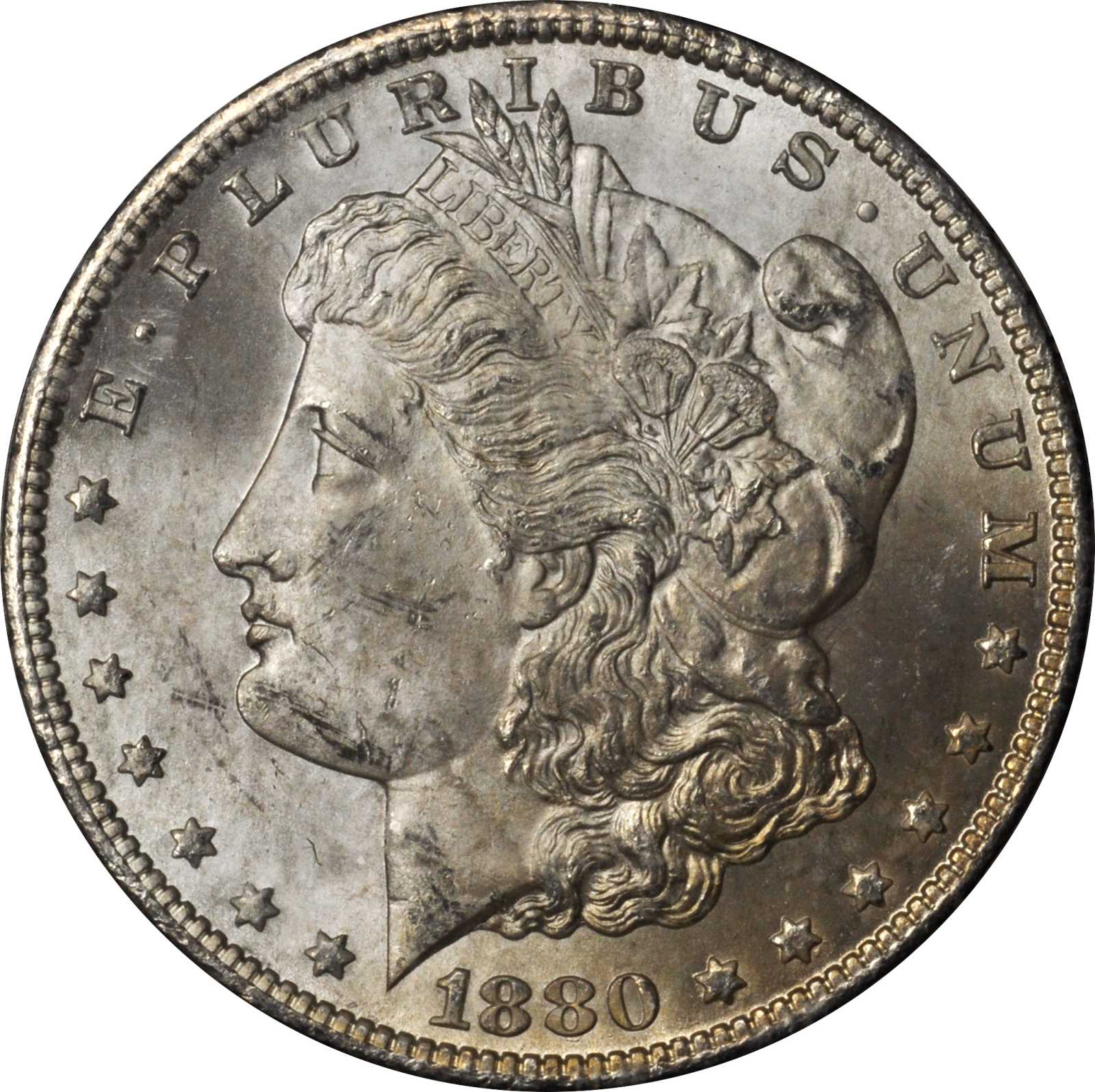 1880-CC GSA Morgan Silver Dollar. VAM-7. Hit List 40. 8/7, Reverse of 1878. MS-63+ (NGC).