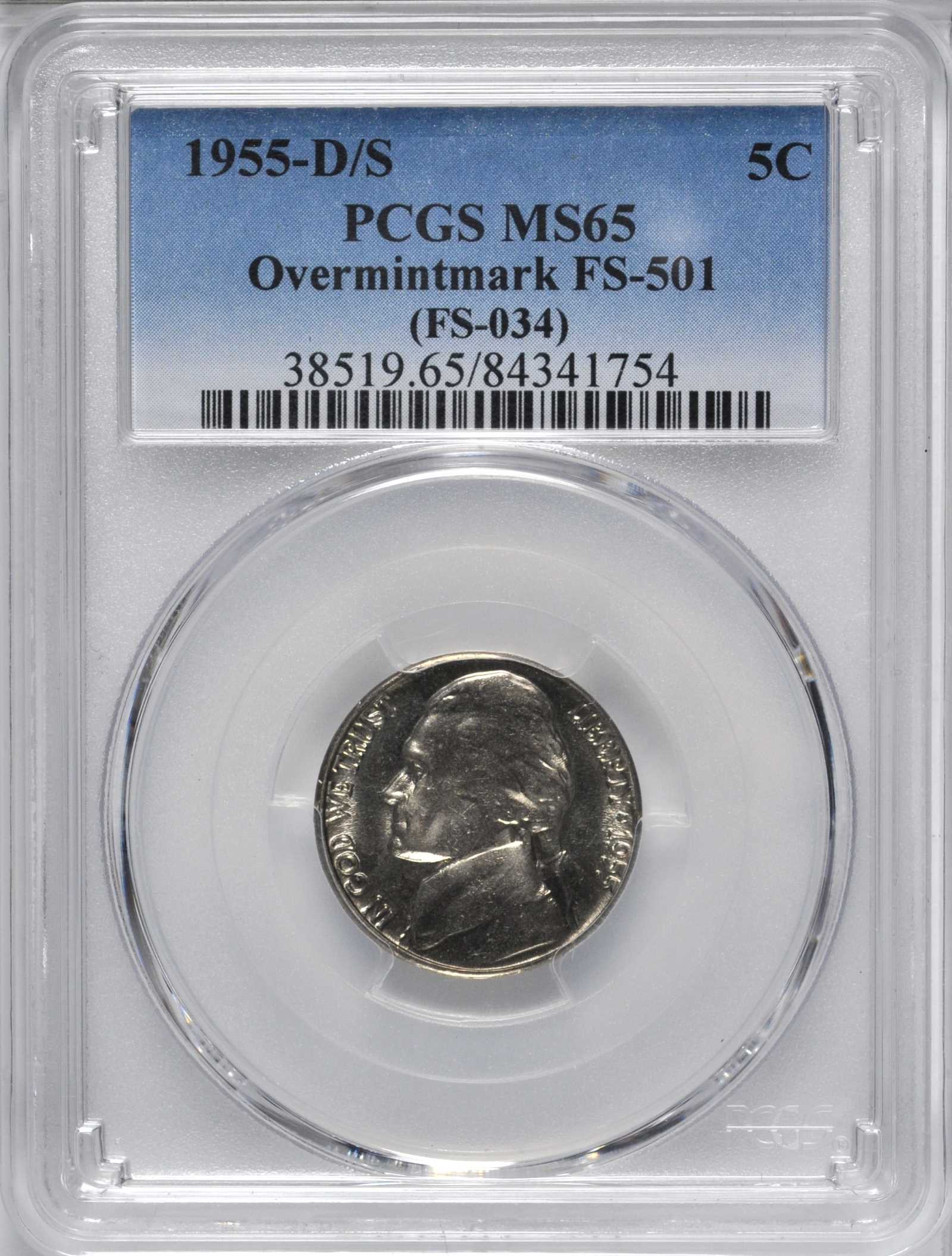 1955-D/S 5c Overmintmark, FS-501 AU50 thumbnail 10