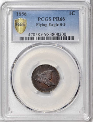image for: 1856 Flying Eagle Cent. Snow-3. Repunched 5, High Leaves. Proof-66 (PCGS).