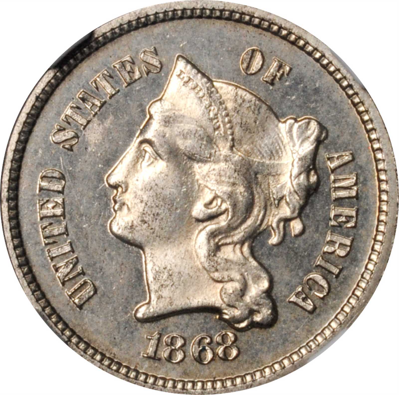1868 Pattern Nickel Three-Cent Piece. Judd-618, Pollock-687. Rarity-4. Nickel. Plain Edge. Proof-65 Cameo (NGC).