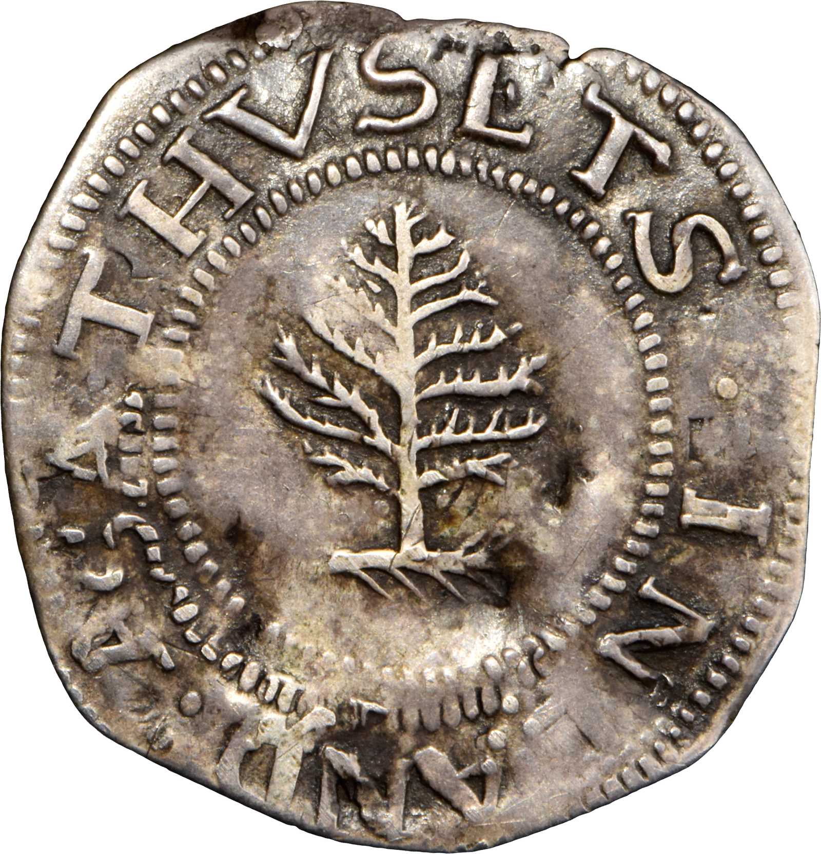 1652 Pine Tree Shilling. Large Planchet. Noe-1, Salmon 1-A, W-690. Rarity-2. Pellets at Trunk--Flip Over Double Struck--VF-35 (PCGS).