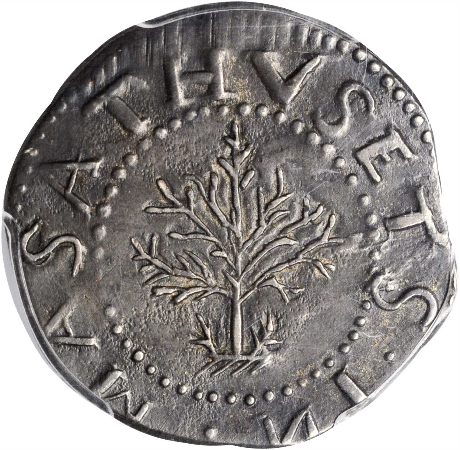 1652 Oak Tree Shilling. Noe-13, Salmon 10-G, W-520. Rarity-6. IN at Bottom. AU-50 (PCGS).
