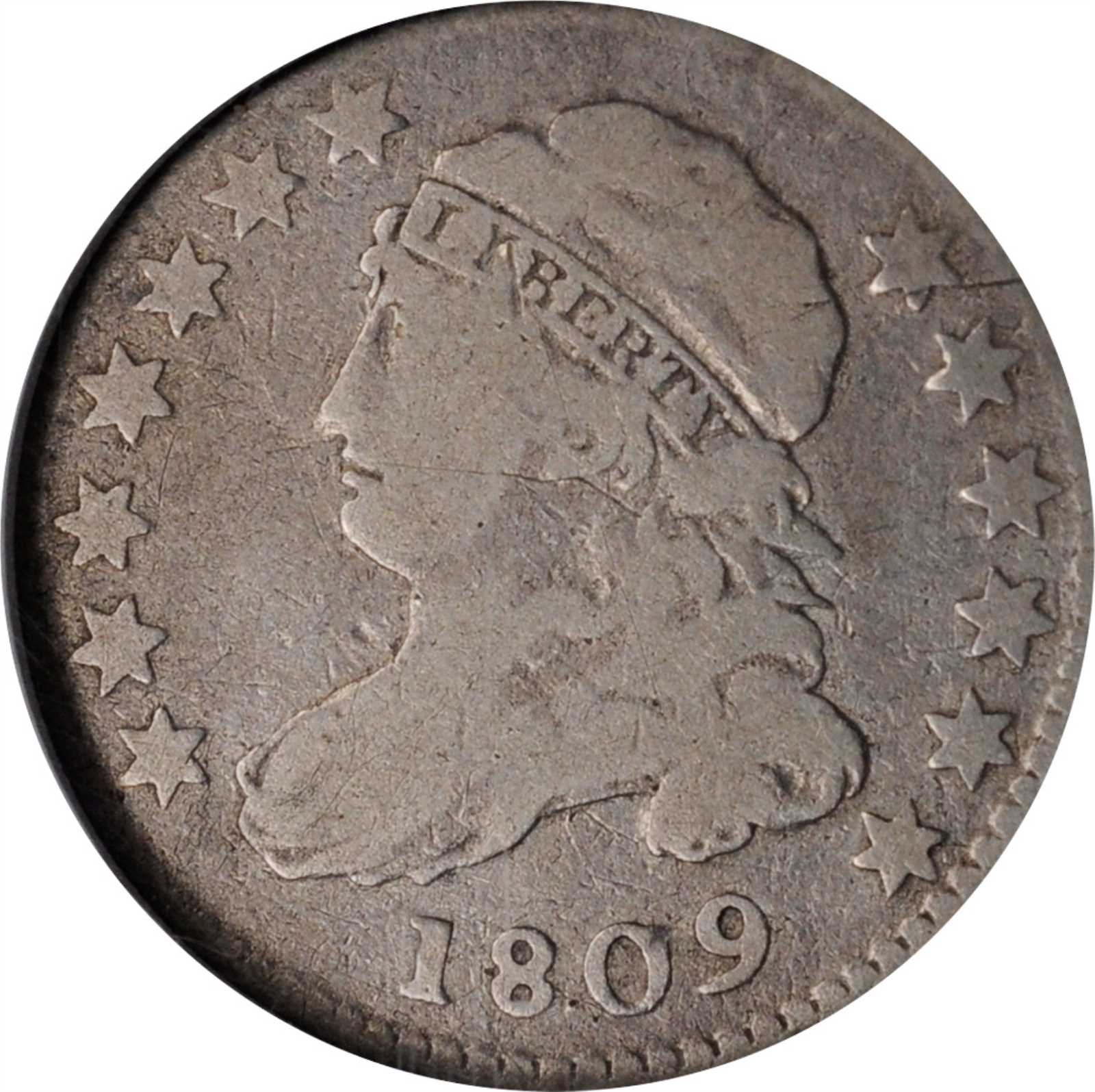 1809 Capped Bust Dime. JR-1, the only known dies. Rarity-3+. Fine-15 (NGC).
