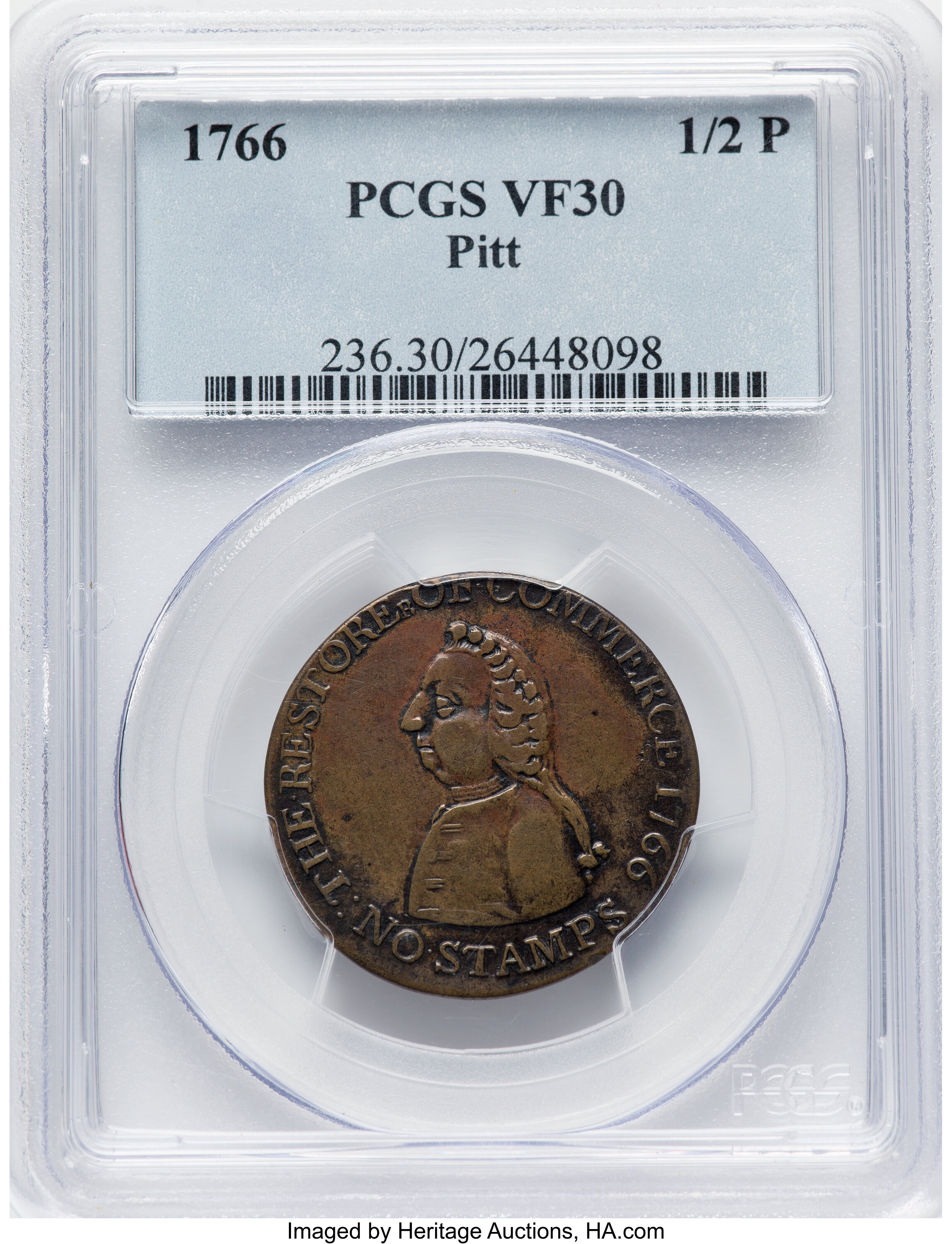 1766 1/2 P Pitt Halfpenny VF30 PCGS. PCGS Population: (11/113). NGC Census: (4/27). CDN: $1,000 Whsle. Bid for NGC/PCGS VF3...