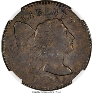 image for: 1795 1C Plain Edge, S-77, B-6, R.3, AU55 NGC. Breen Die State VI. The T in LIBERTY is over the right edge of the forecurl, ...