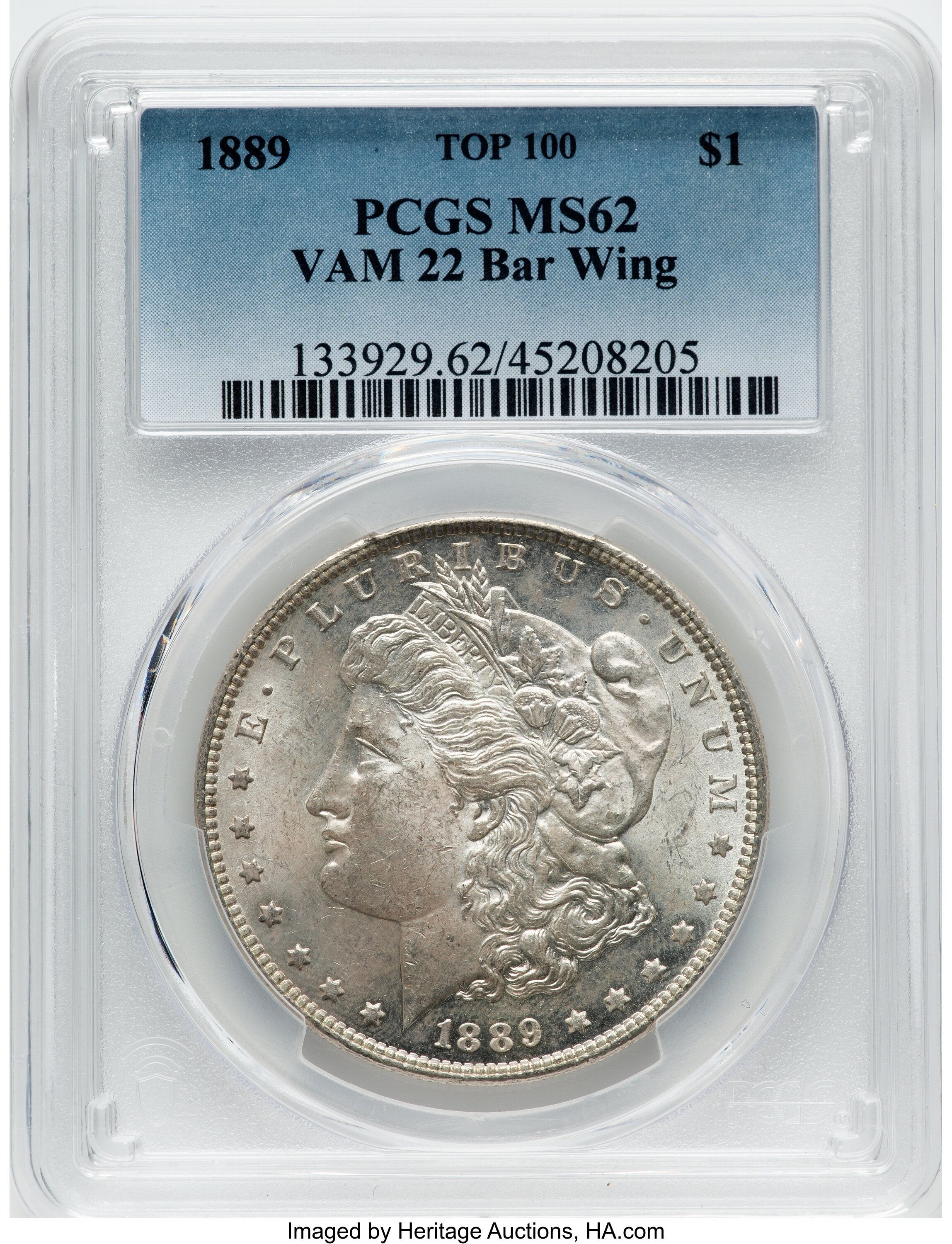 1889 $1 Bar Wing, VAM-22, Top 100, MS62 PCGS. PCGS Population: (34/73). NGC Census: (34/36). CDN: $85 Whsle. Bid for NGC/PC...