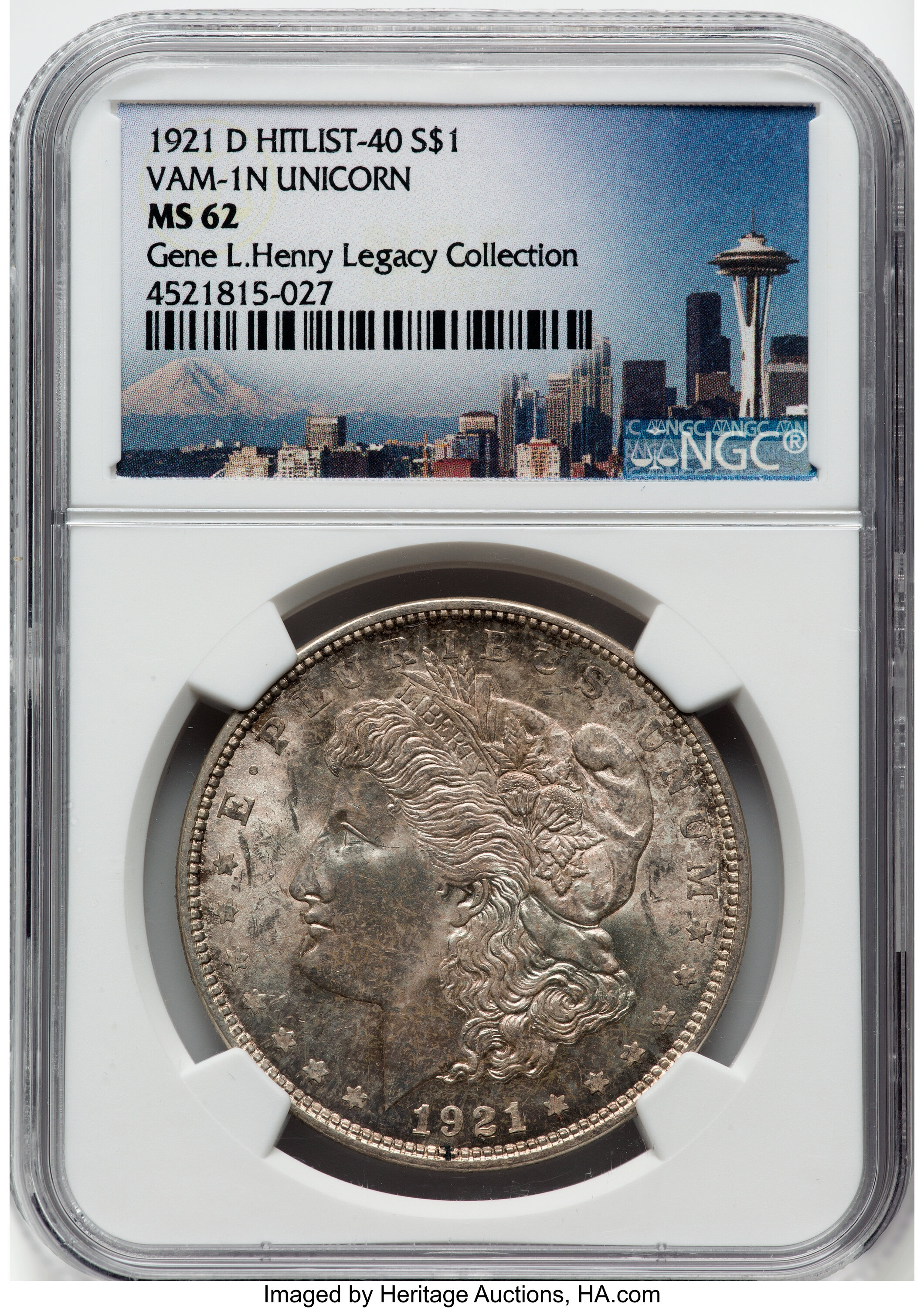 1921-D $1 Hitlist-40, Unicorn, VAM-1N, MS62 NGC. Gene L. Henry Legacy Collection. NGC Census: (0/0). PCGS Population: (11/3...