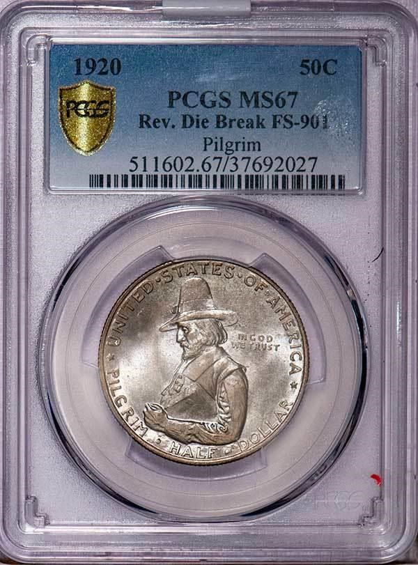 1920 50c Pilgrim, Rev. Die Break, FS-901 AU55 thumbnail 4
