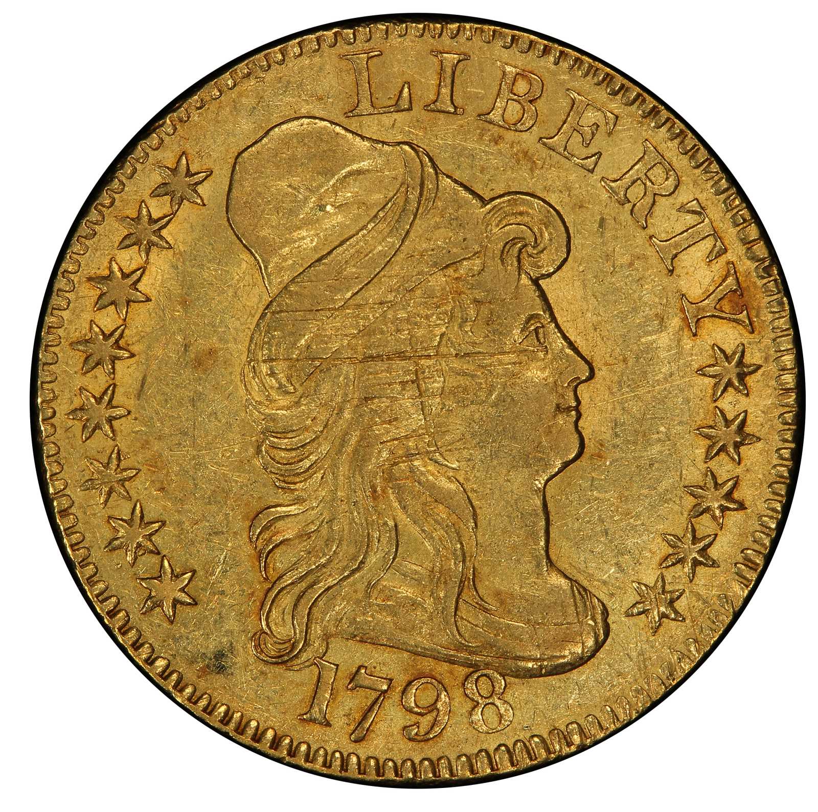 1798 Capped Bust Right Half Eagle. Bass Dannreuther-6. Rarity-6. Small 8. Heraldic Eagle. About Uncirculated-58 (PCGS).