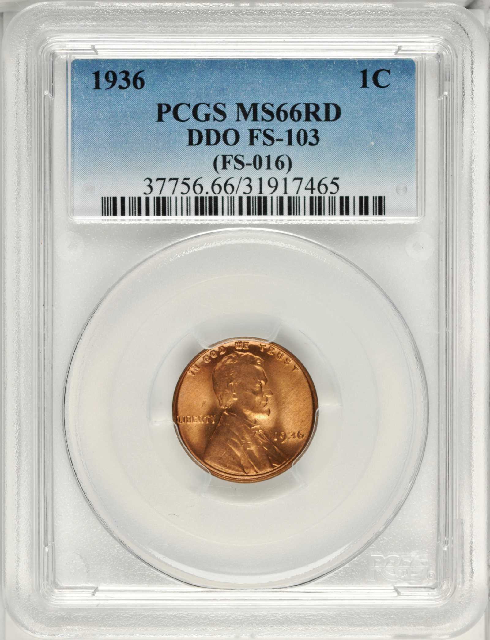 1936 1c Doubled Die Obverse, Type 3, FS-103 MS RD MS66 RD thumbnail 13