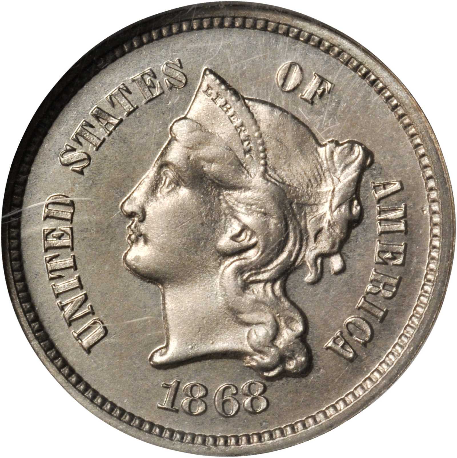 1868 Pattern Three Cents. Judd-618, Pollock-687. Rarity-4. Nickel. Plain Edge. Proof-66 Cameo (NGC).