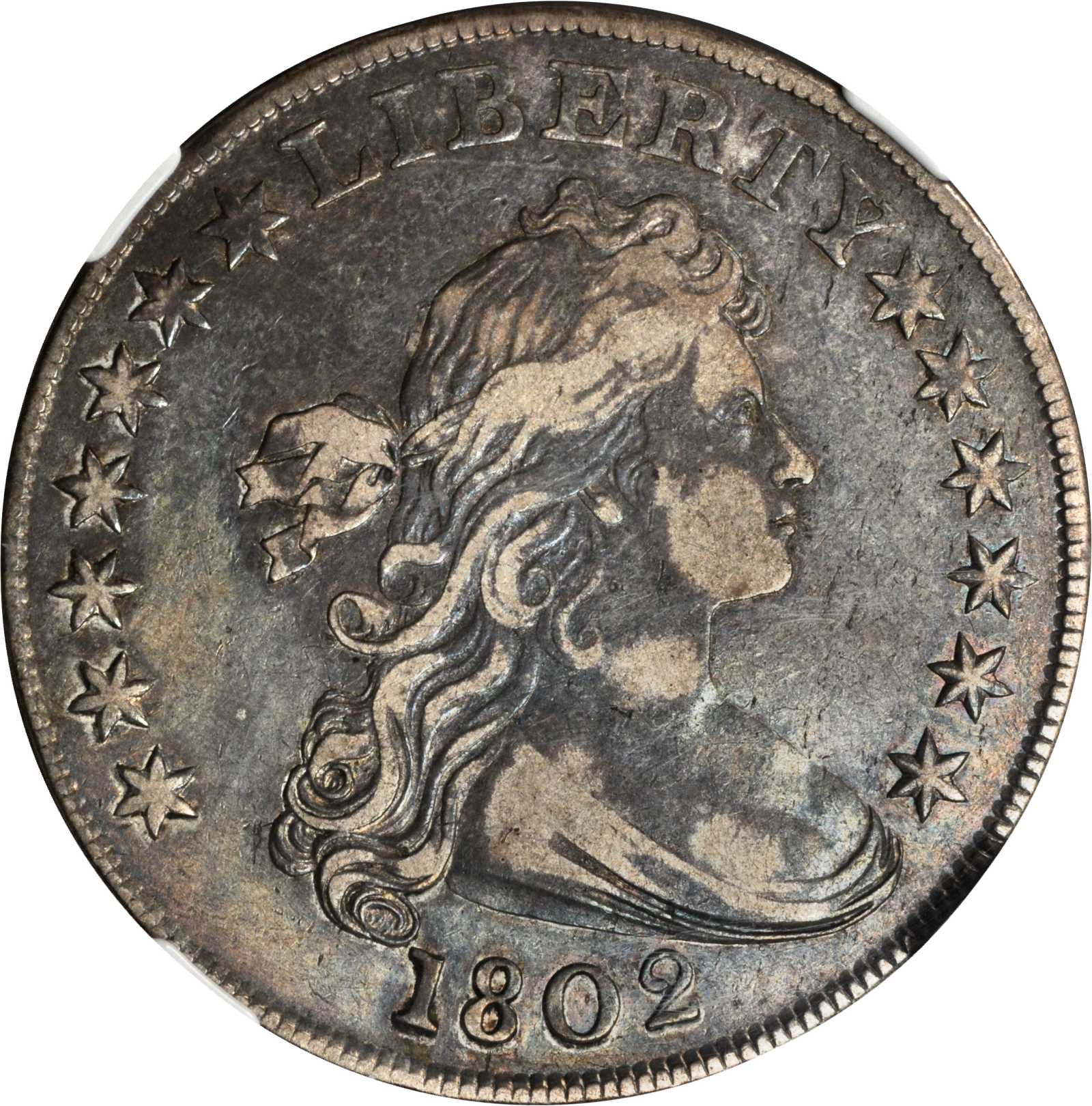 1802 Draped Bust Silver Dollar. BB-242, B-5. Rarity-5. Wide Date. VF-35 (NGC).