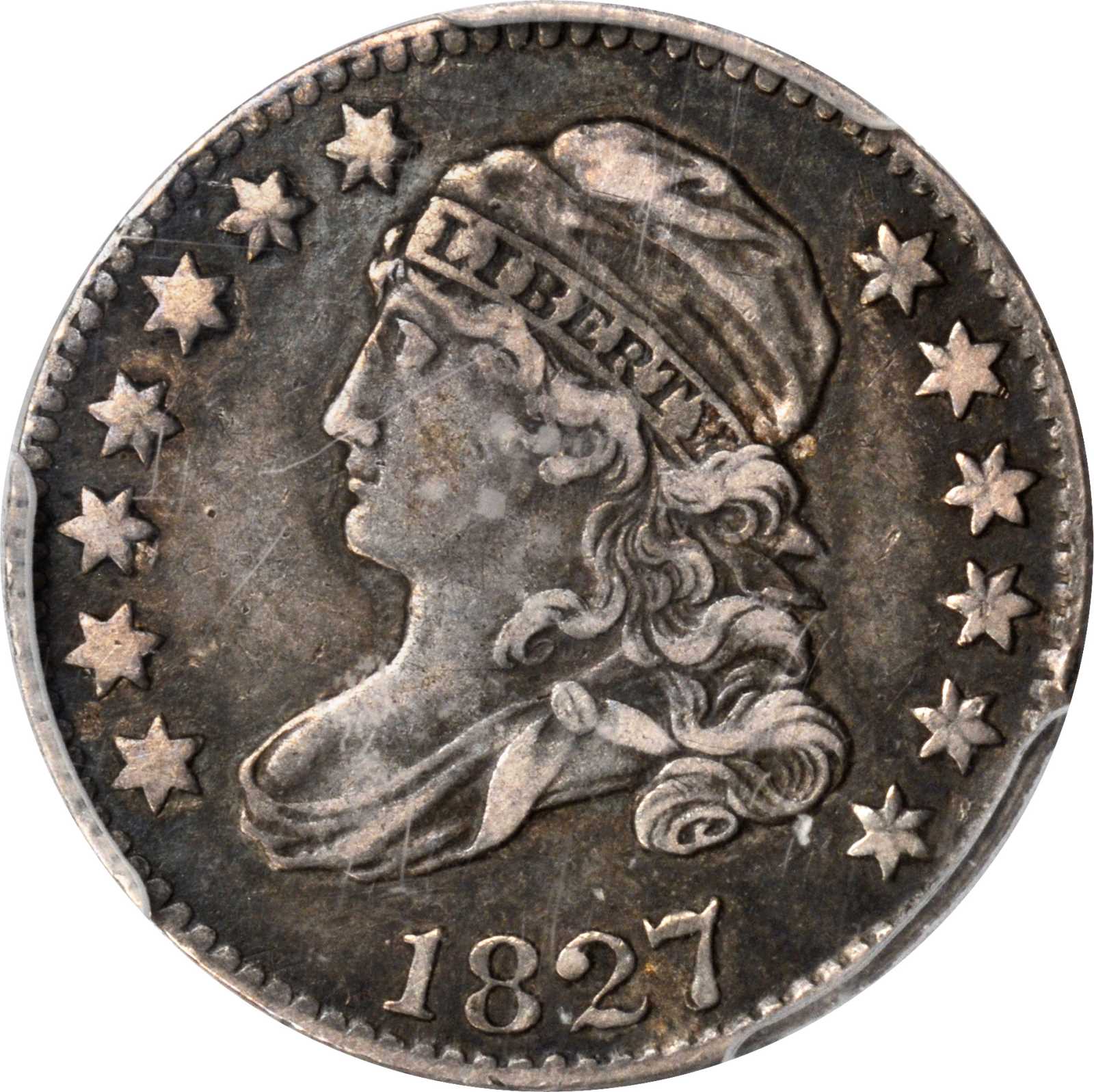 1827/7 Capped Bust Dime. JR-1. Rarity-2. Pointed Top 1 in 10 C. VF-35 (PCGS). CAC.