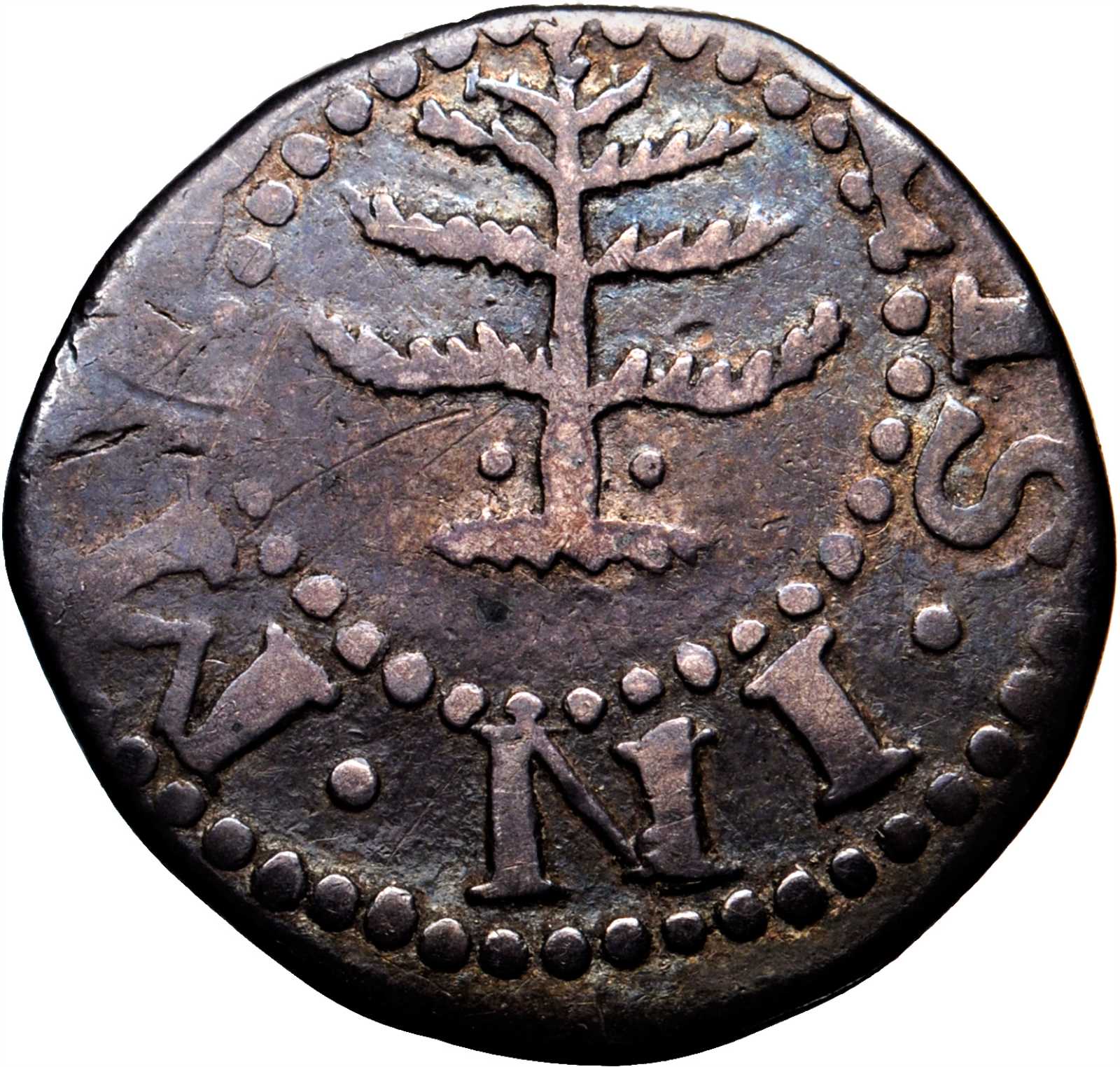 1652 Pine Tree Sixpence. Noe-33, Salmon 2-B. Rarity-3. Pellets at Trunk. VF-35 (PCGS). CAC.