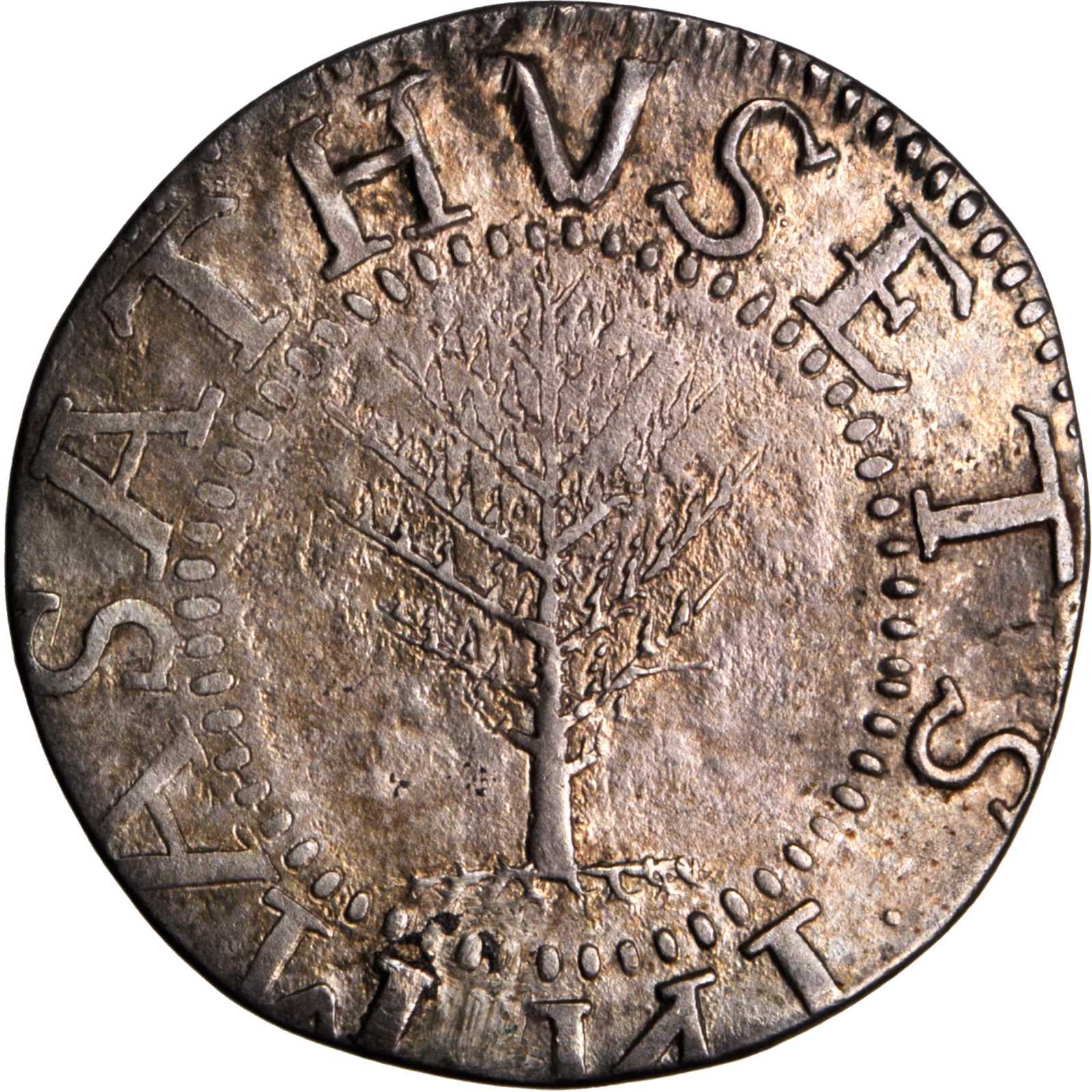 1652 Pine Tree Shilling. Large Planchet. Noe-2, Salmon 2-C. Rarity-4. Without Pellets at Trunk. AU-53 (PCGS). CAC.