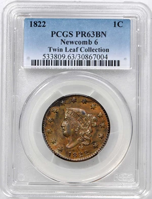 image for: 1822 Matron Head Cent. N-6. Rarity-8+ as a Proof. Noyes Die State A/A. Proof-63 BN (PCGS).