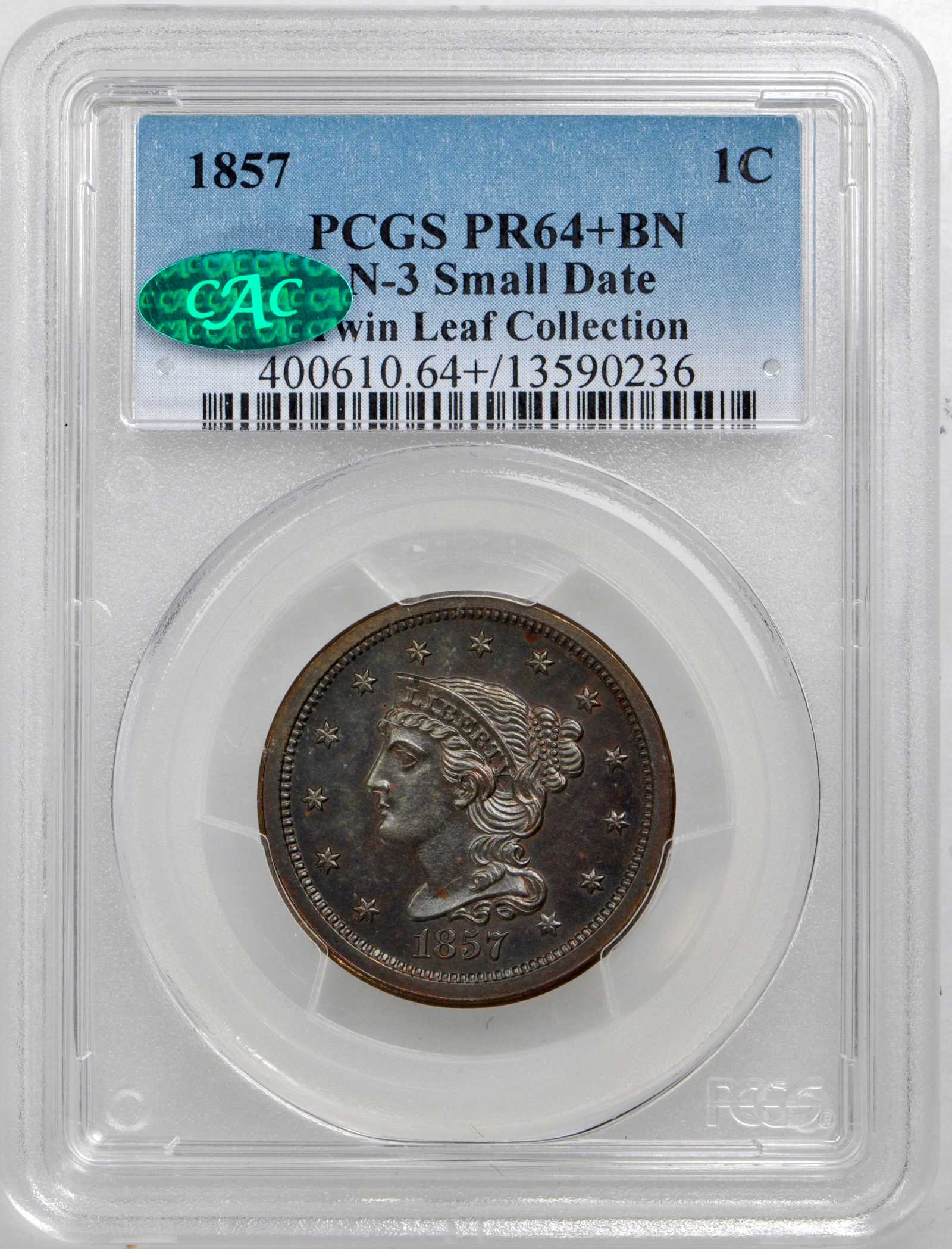1857 1c Small Date, N-3 PR BN PR62 BN CAC thumbnail 5