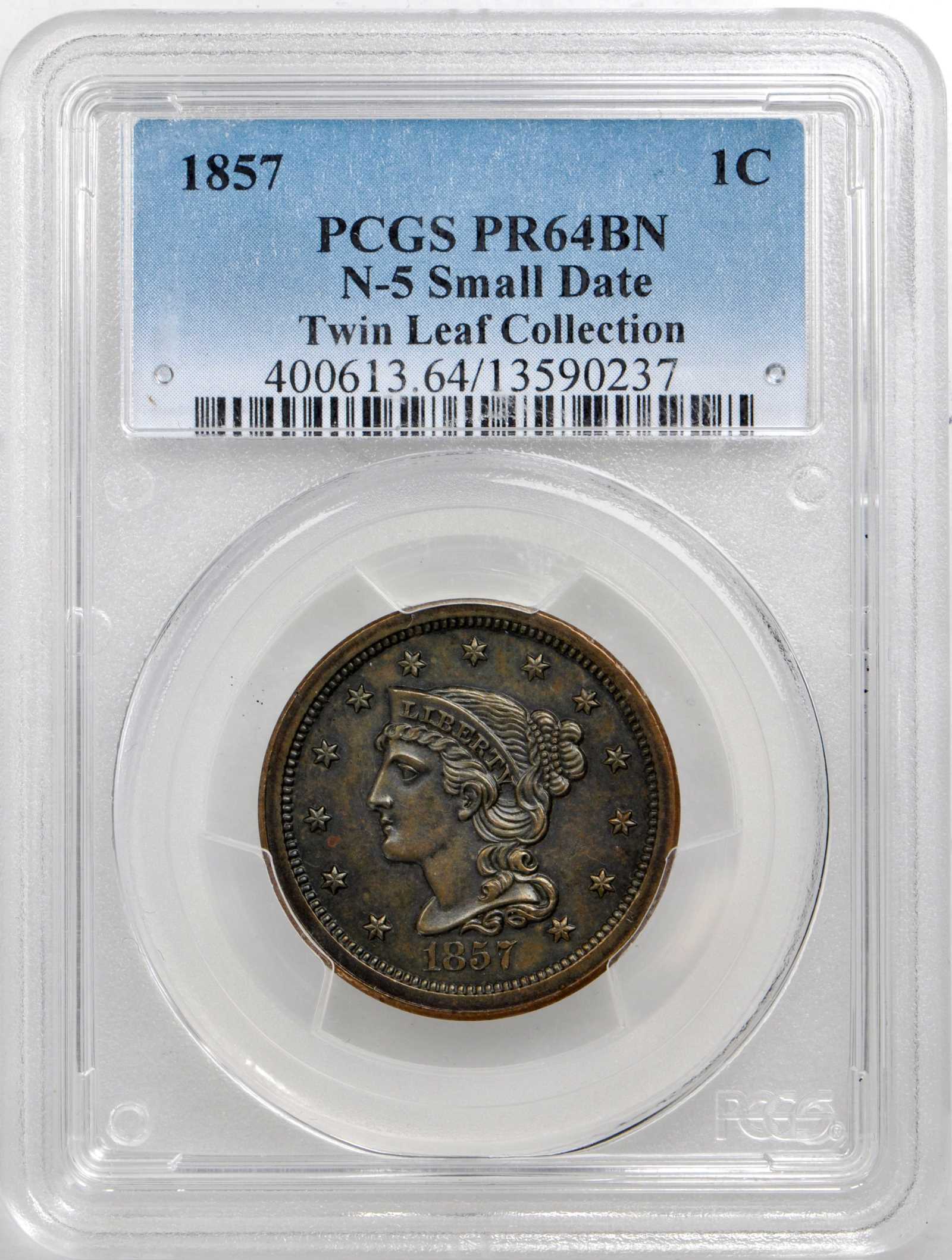 1857 1c Small Date, N-5 PR BN PR62 BN CAC thumbnail 4