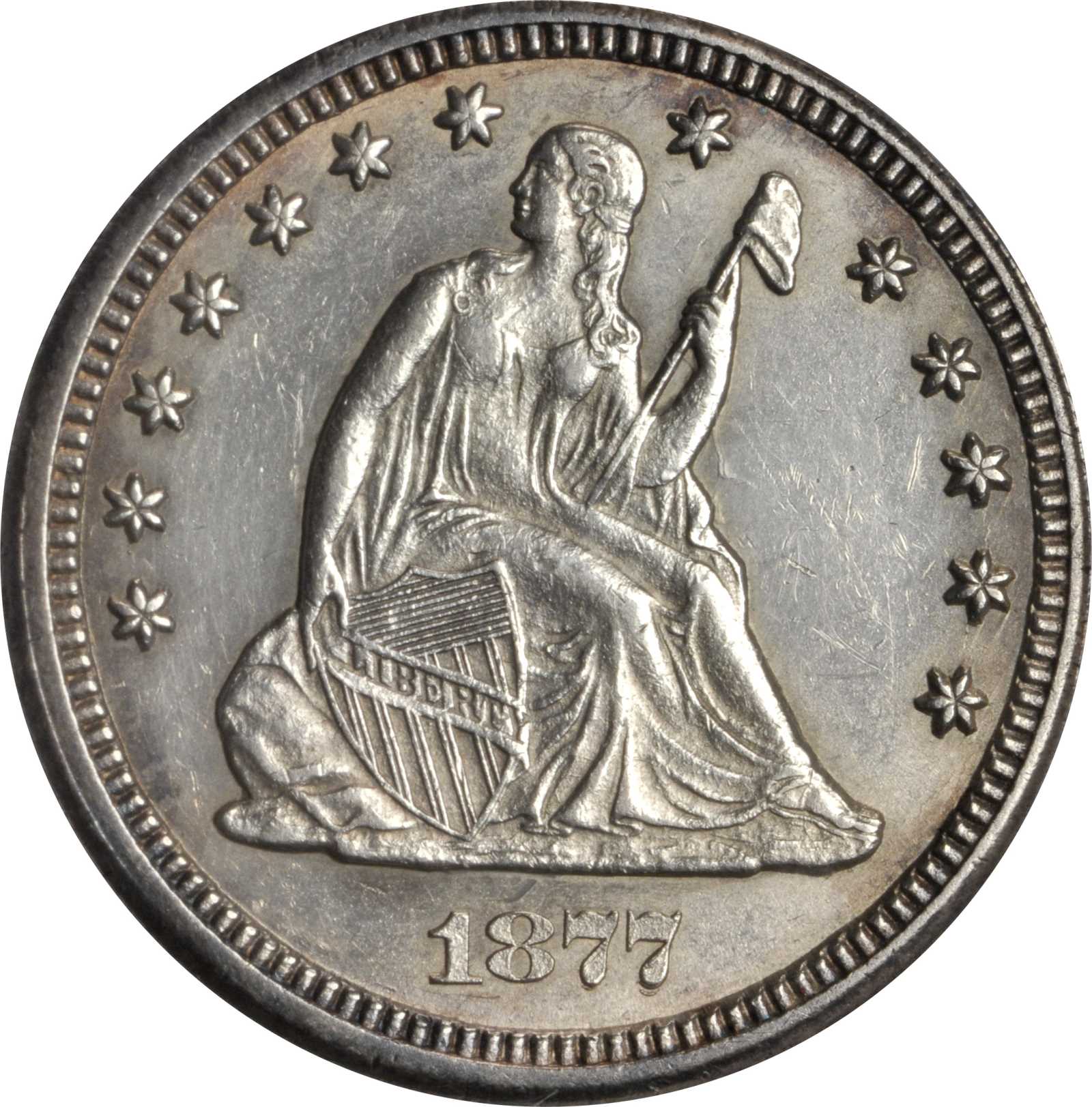 1877-CC Liberty Seated Quarter. Briggs 2-B, FS-301. Repunched Date. AU-58 Details--Cleaned (ANACS).