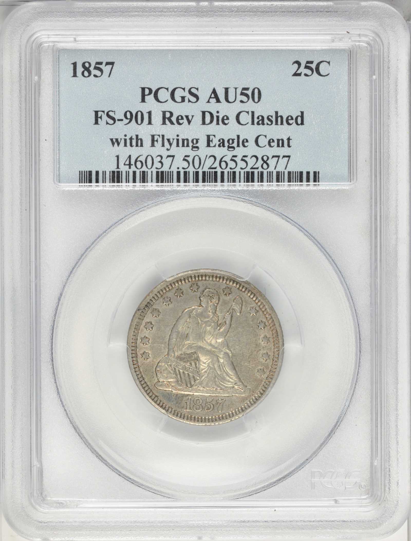 1857 25c Reverse Die Clash w/ FE 1c, FS-901 MS thumbnail 4