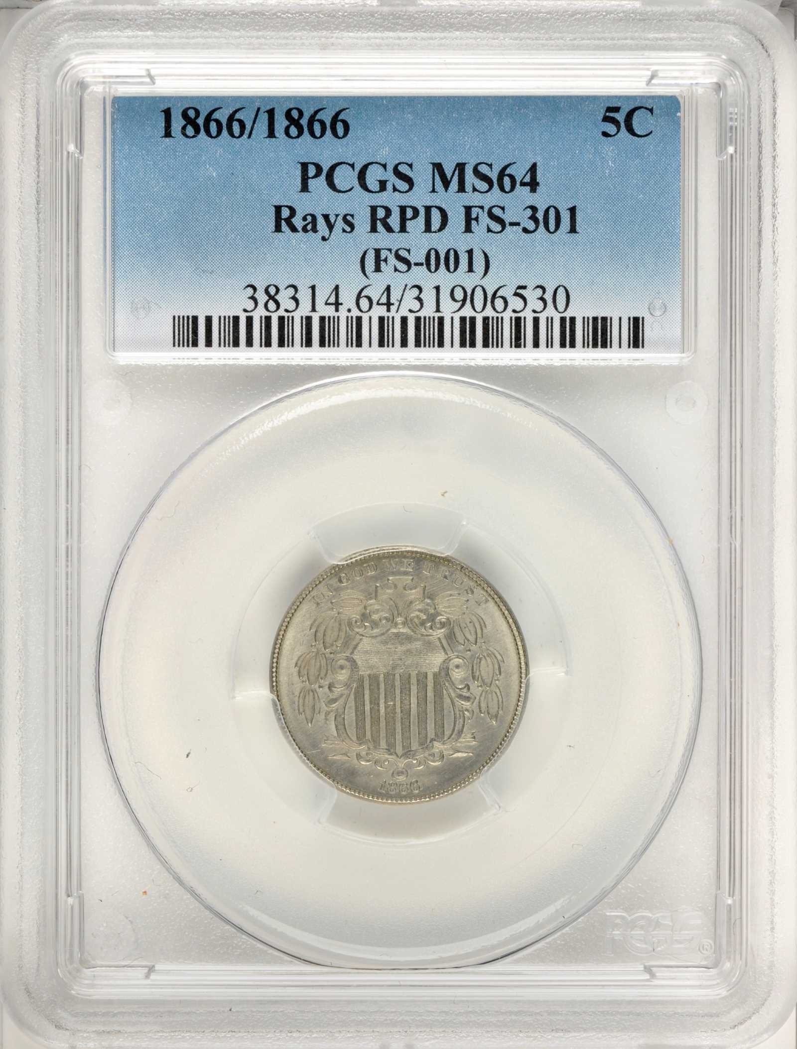 1866/1866 5c Rays, Repunched Date, FS-301 G4 CAC thumbnail 15