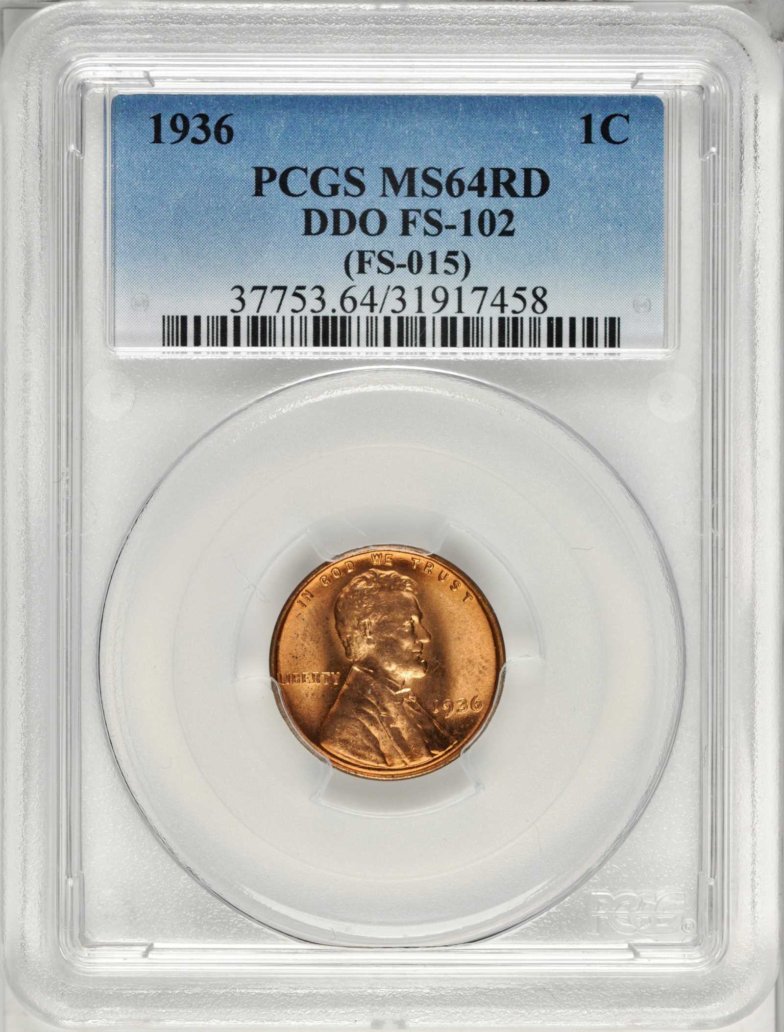 1936 1c Doubled Die Obverse, Type 2, FS-102 MS RD MS63 RD thumbnail 4