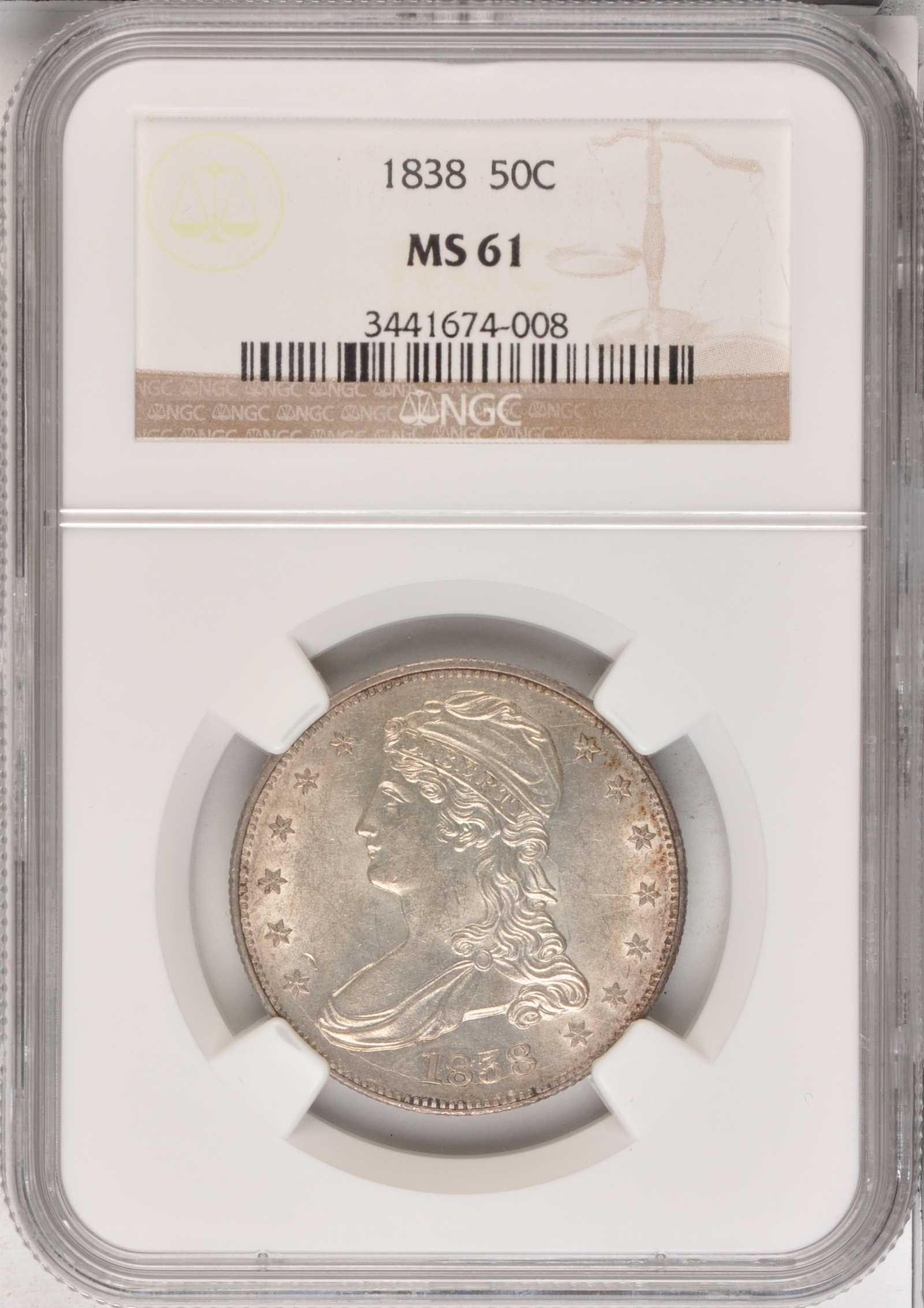 1838 50c Reeded Edge, GR-6 MS61 thumbnail 4