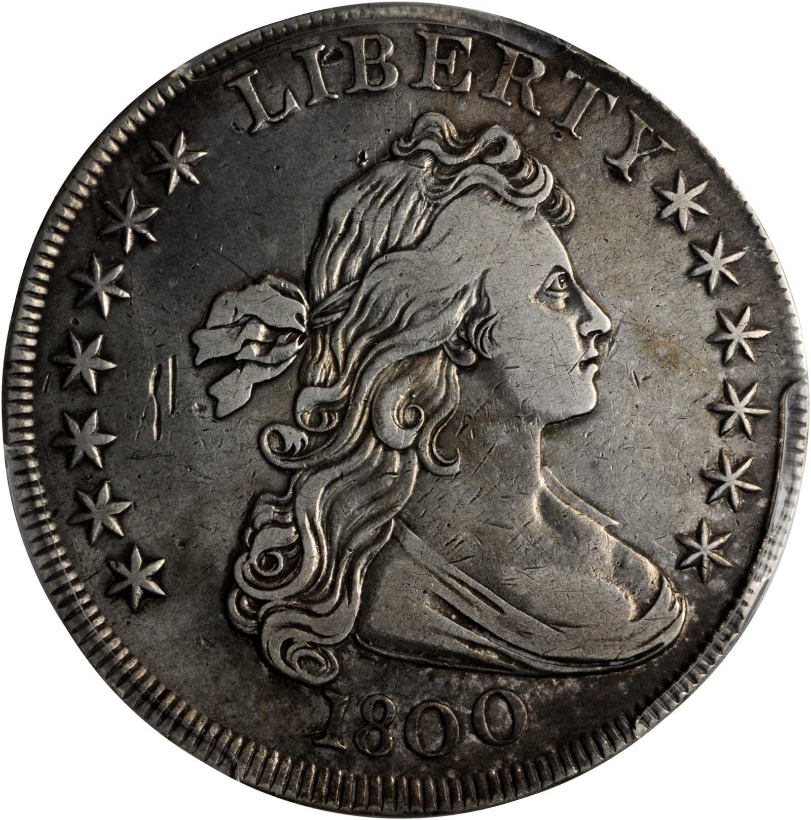 1800 Draped Bust Silver Dollar. BB-196, B-17. Rarity-1. BB Die State IV. 12 Arrows. VF Details--Scratch (PCGS).
