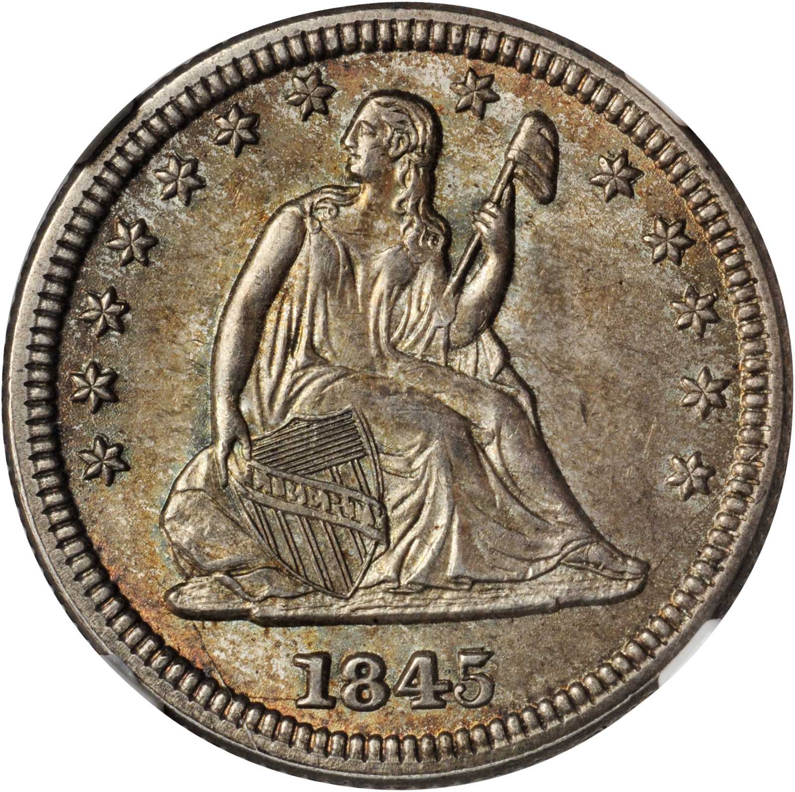 1845/845 Liberty Seated Quarter. Briggs 3-C, FS-301. Repunched Date. MS-64 (NGC). CAC.