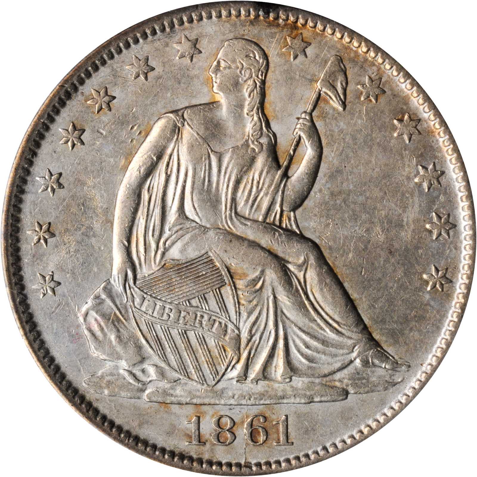 1861-O Liberty Seated Half Dollar. WB-103. Die Crack Bisected Date. AU-53 (PCGS).