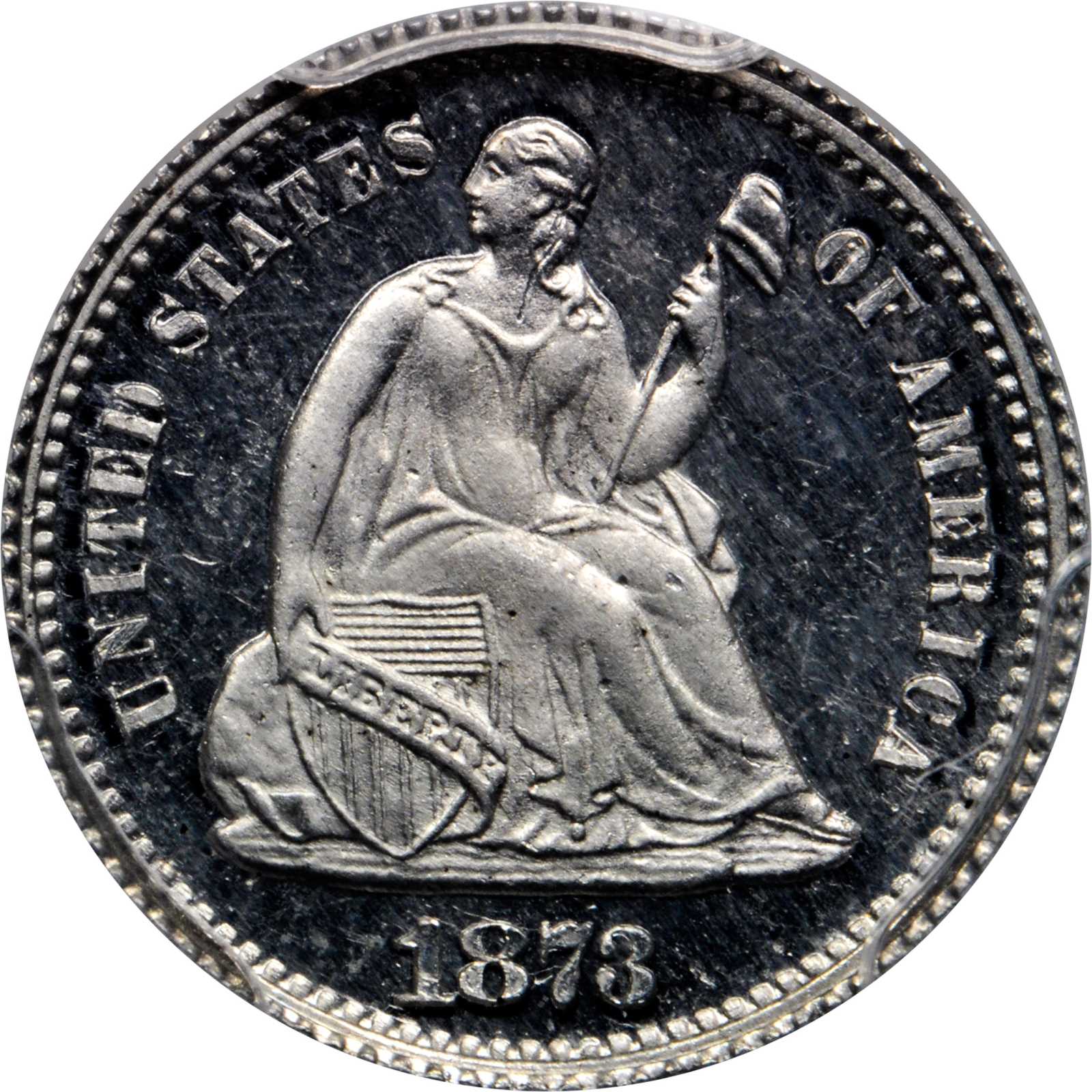 1873 Pattern Liberty Seated Half Dime. Judd-1267, Pollock-1409. Rarity-8. Aluminum. Reeded Edge. Proof-66 Cameo (PCGS). CAC.