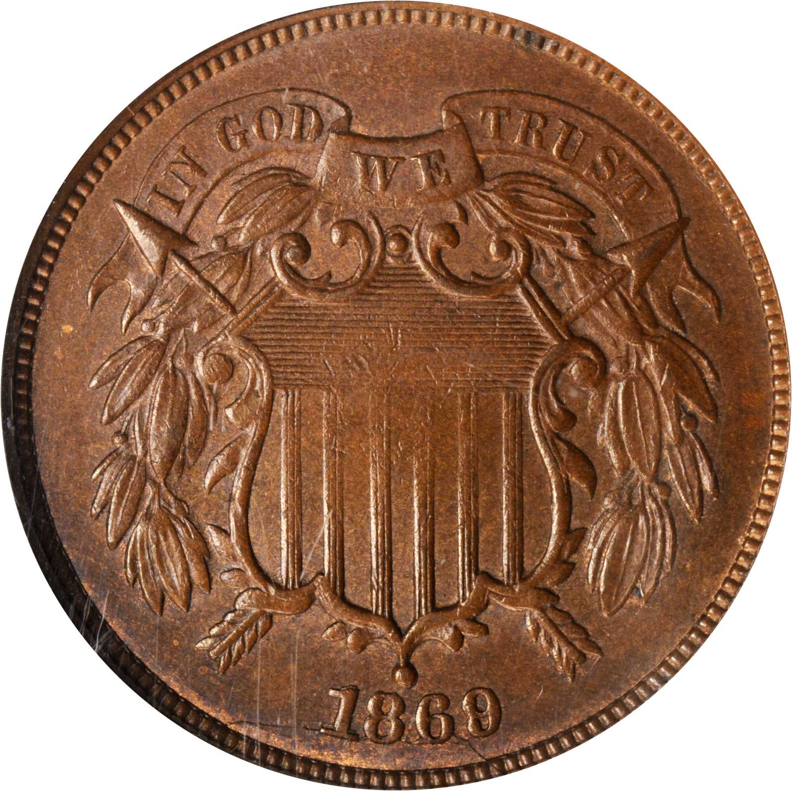 1869 Two-Cent Piece. FS-302 (FS-004). Repunched Date, 18/18. MS-64 BN (NGC).