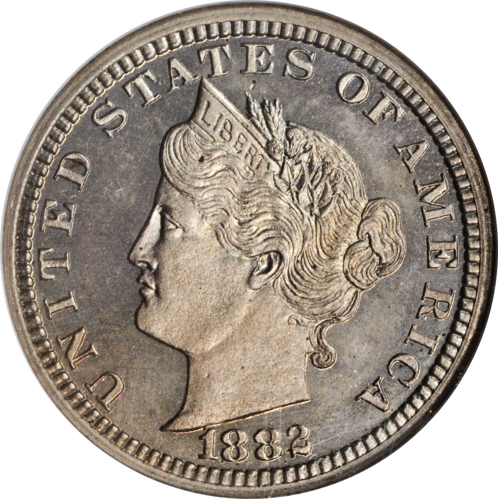 1882 Pattern Liberty Nickel. Judd-1680, Pollock-1882. Rarity-6. Nickel. Plain Edge. Proof-65 Cameo (NGC).