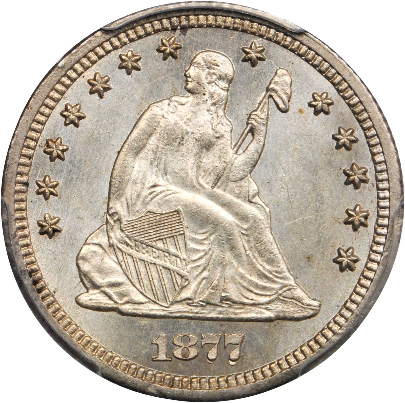 1877-CC Liberty Seated Quarter. Briggs 2-B, FS-301. Repunched Date. MS-63 (PCGS). CAC.