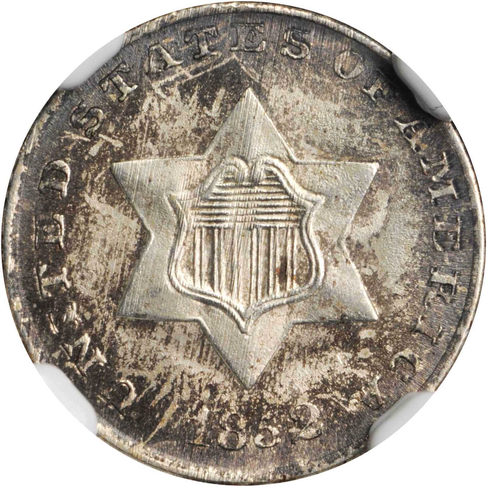 1852 Silver Three-Cent Piece. FS-801. Doubled Die Reverse. MS-63 (NGC).