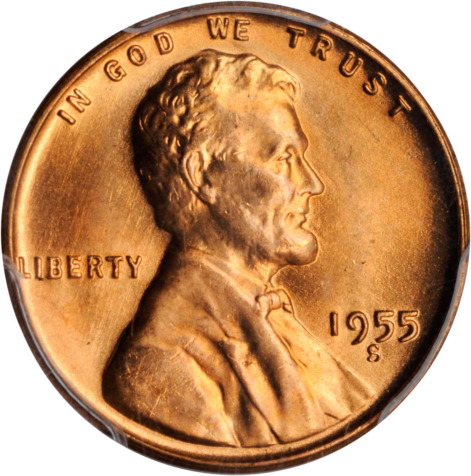 1955-S/S/S Lincoln Cent. FS-501. Repunched Mintmark. MS-66+ RD (PCGS).