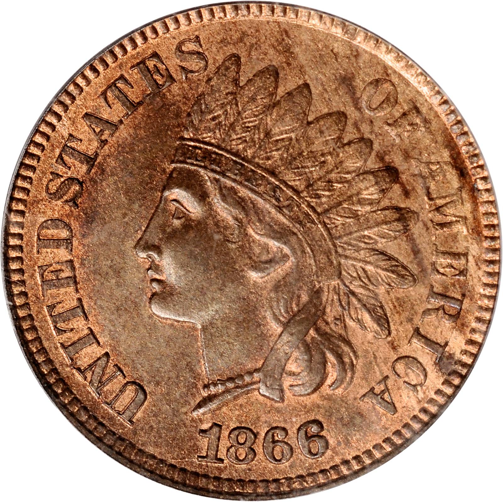 1866 Indian Cent. Snow-1, FS-101 (FS-007.6). Doubled Die Obverse, Misplaced Date. MS-64 RB (PCGS). Eagle Eye Photo Seal.