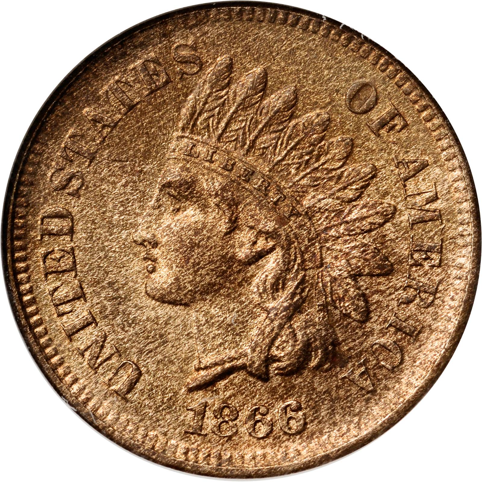 1866/66 Indian Cent. Snow-9, FS-303 (FS-007.8). Repunched Date. MS-64 RB (NGC).